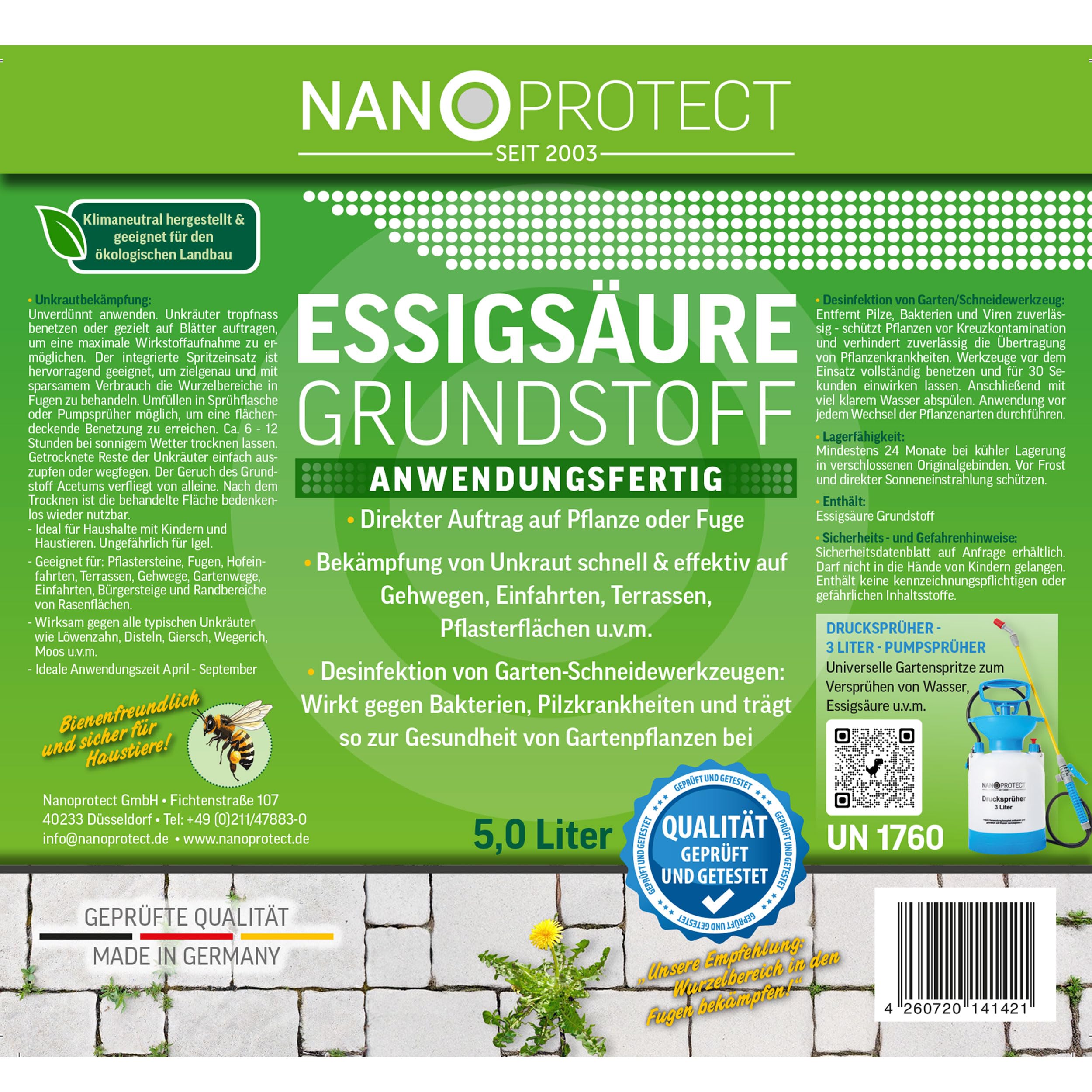 Nanoprotect Unkraut-Stopp Grundstoff Essig/Acetum 5 Liter | Natürlicher Unkrautvernichter für Wege, Pflaster & Terrassen | Biologisch abbaubar | Vinegar E 260 Lebensmittelqualität | Essigsäure