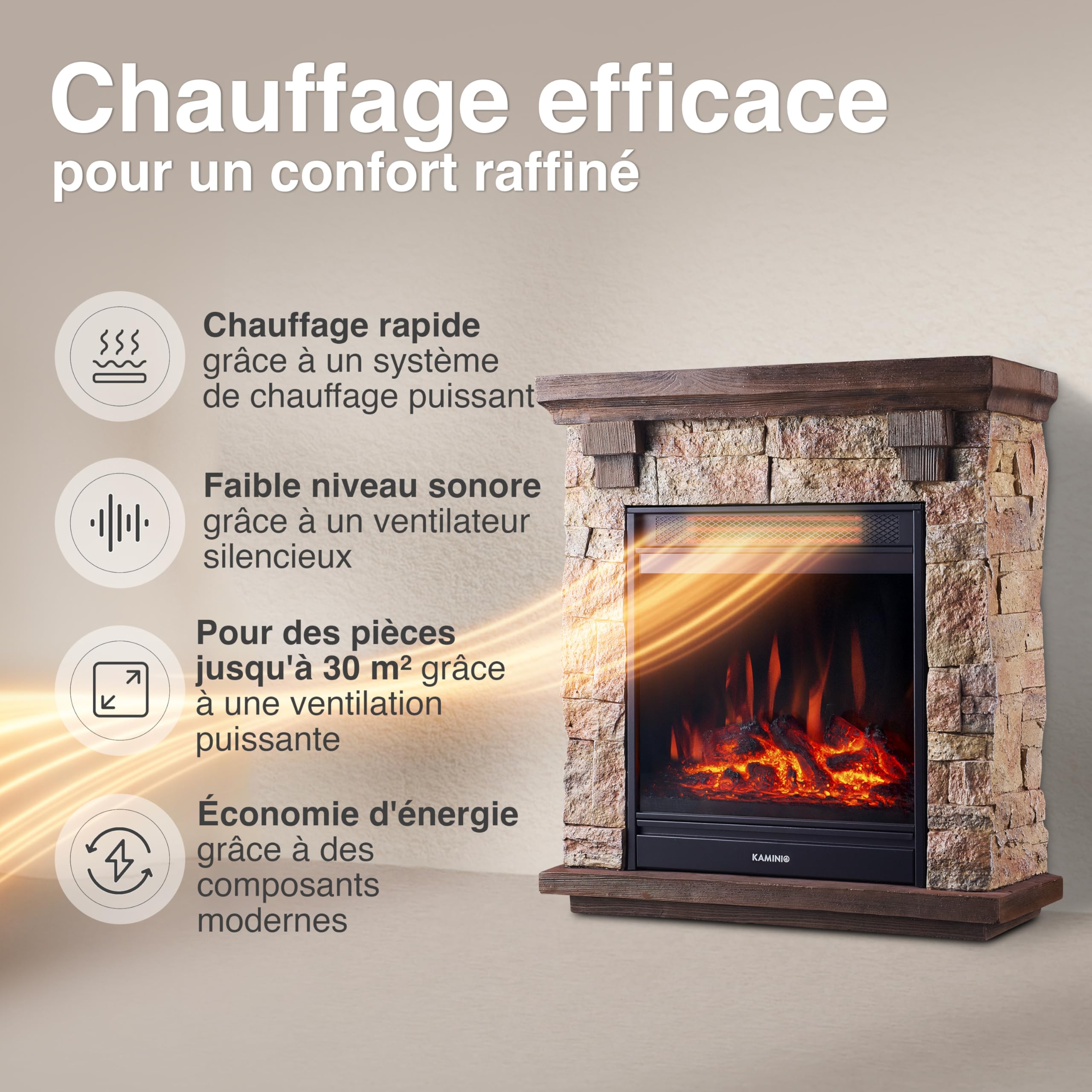 KAMINIO Cheminée électrique Juan - Cheminée sur Pied Aspect Pierre avec Fonction Chauffage, Effet Flammes 3D, télécommande (Beige)