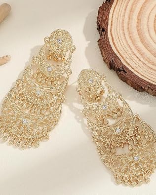 Gold Jhumka Indian Earrings for Women Vintage Indian Bollywood Chandelier Earrings Traditional Tribal Ethnic Jhumka Ear-rings Indian Dress Outfits Jewelry Wedding Prom Party Accessories