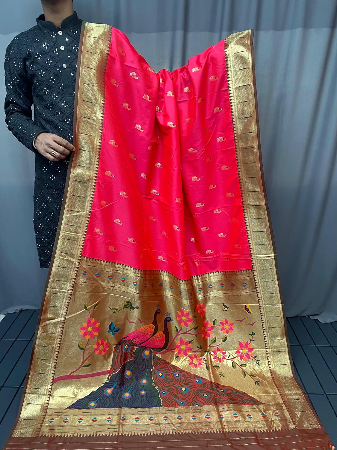 Paithani silk saree with rich contrast weaving pallu and unstitched blouse