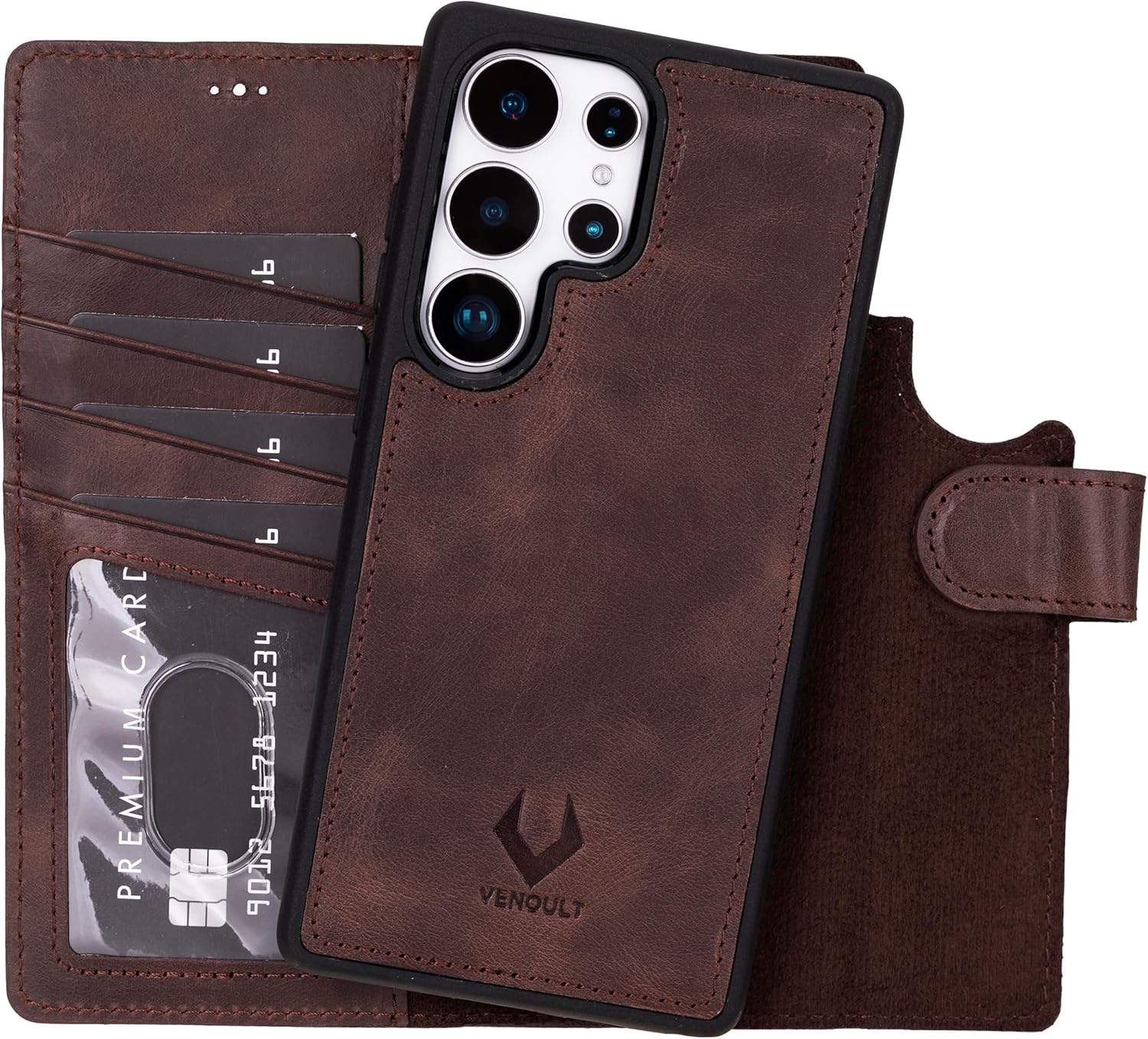VENOULT Wallet Case for Samsung Galaxy S26 Ultra with 4 Card Slots, Magnetic Detachable Folio, Wireles Charge, RFID, Full Grain Turkish Genuine Leather (Chocolate Brown, Galaxy S25 Ultra)