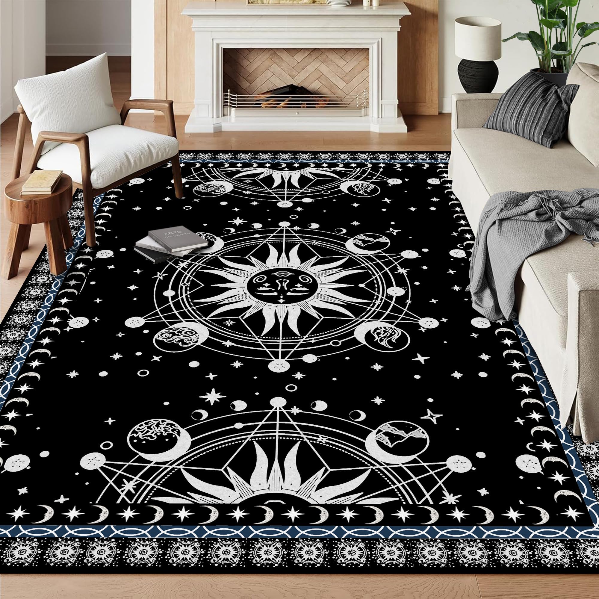 Bycmuoz Large Sun and Moon Living Room Carpet, 180x300cm, Gothic Celestial Non-Slip Throw Rug, Boho Solar Stars Galaxy Low-Pile Durable Non-Shedding Mat, Washable Breathable Rug for Indoor Family — image 1