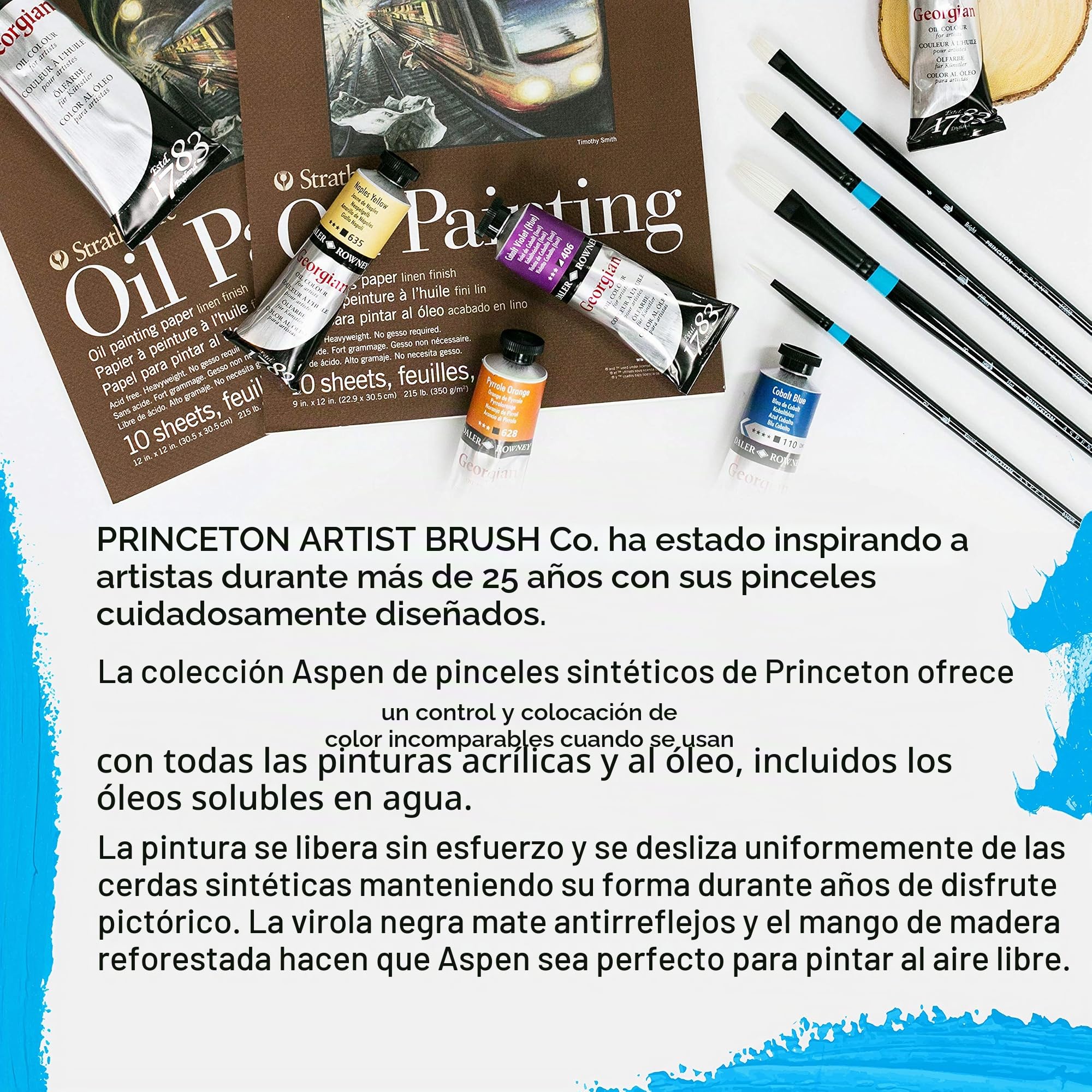 Princeton Aspen, Pinceles para acrílico de bellas artes, Cerda sintética, Set de 4 pinceles, mango largo, Funda de plástico