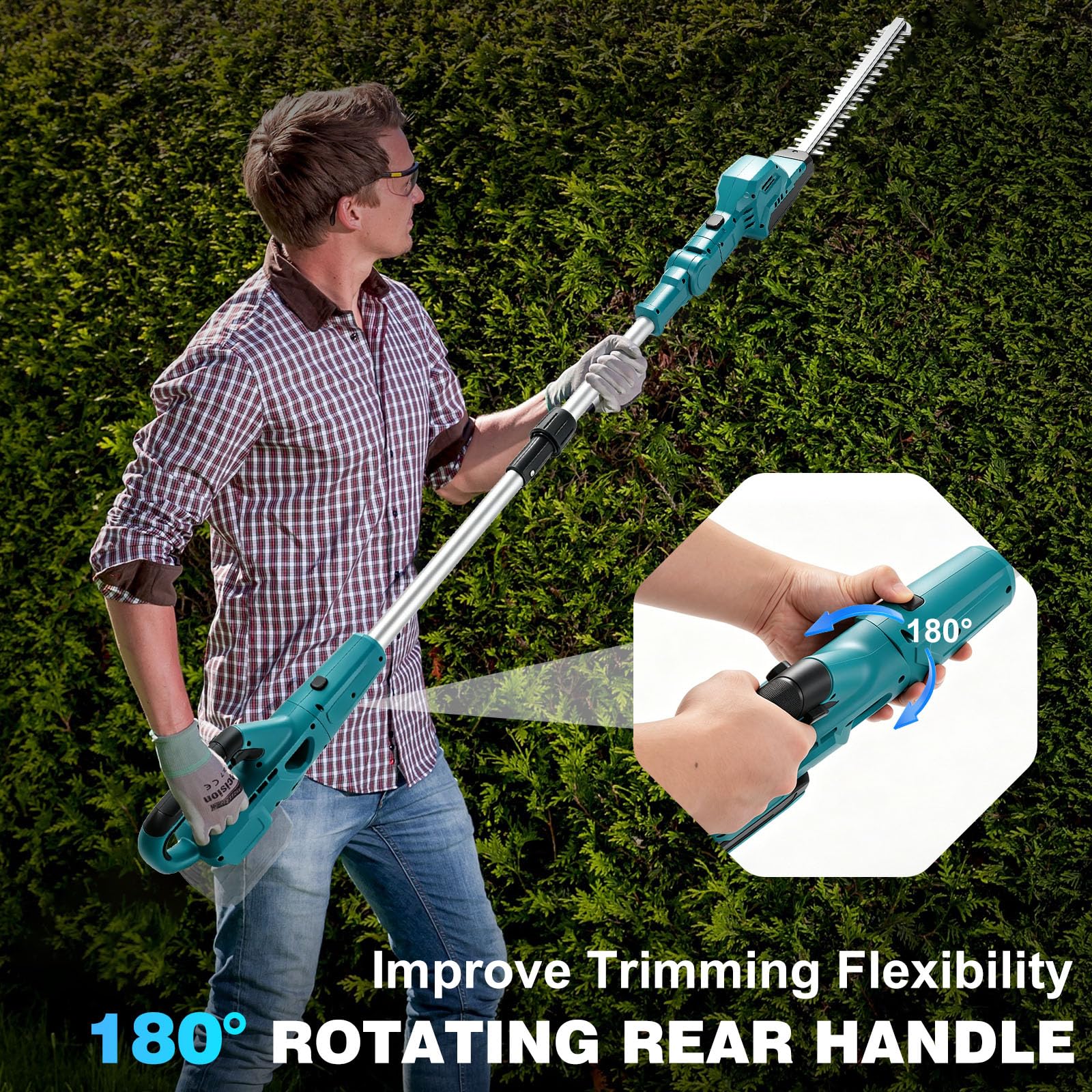 4-in-1 Akku Heckenschere Teleskop & Mini Kettensäge für Makita 18V, 8 Zoll Hochentaster Astsäge, 400mm Schnittlänge Akku Gras- und Strauchschere, Max Reichweite bis zu 4,5m, für Garten