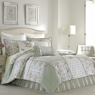 Laura Ashley Harper Sage King Comforter Set - Reversible 100% Cotton Bedding with Shams & Bedskirt, Elegant All-Season Decor