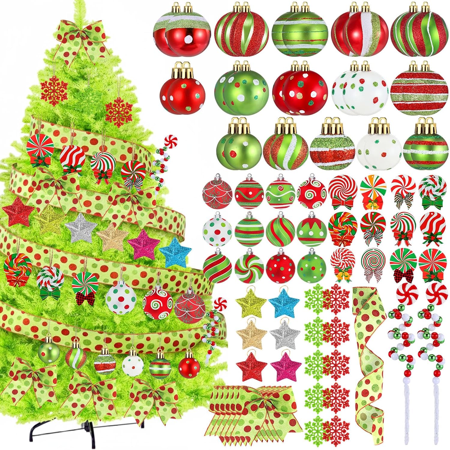 Soulchen 91 Pcs Christmas Tree Decoration Set Lime Green and Red Christmas Ball, Polka Dot Ribbon, Bows, Wood Candy, Star, Snowflake Ornaments Red Green Hanging Decor for Xmas Tree Holiday Decor