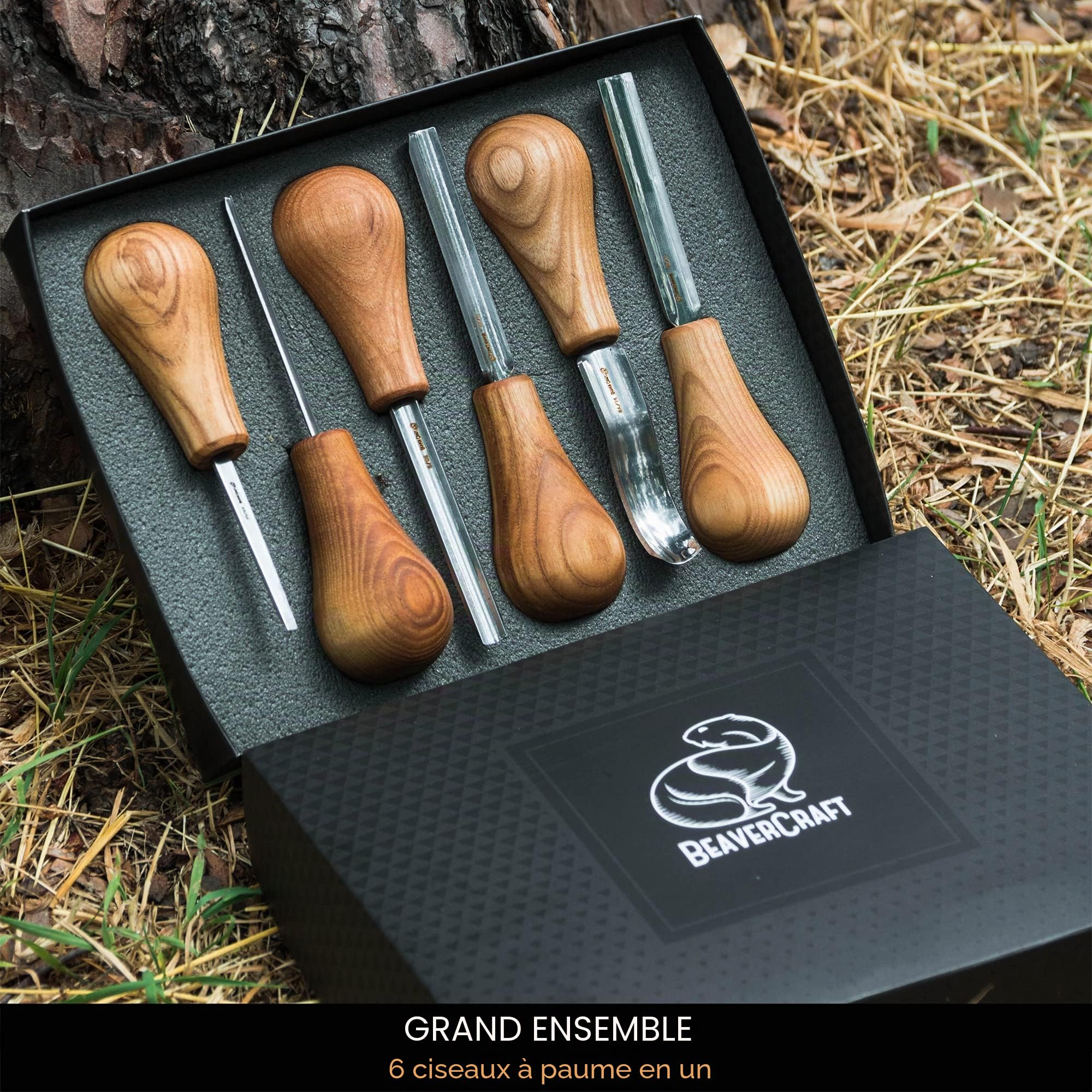 BeaverCraft Kit Gouges Sculpture Bois SC05 – Ensemble Ciseaux Bois avec Gouge Paume, Ciseau Plat, Courbé Court, Ciseaux V – Couteaux Whittling, Outils Sculpture Débutants & Professionnels