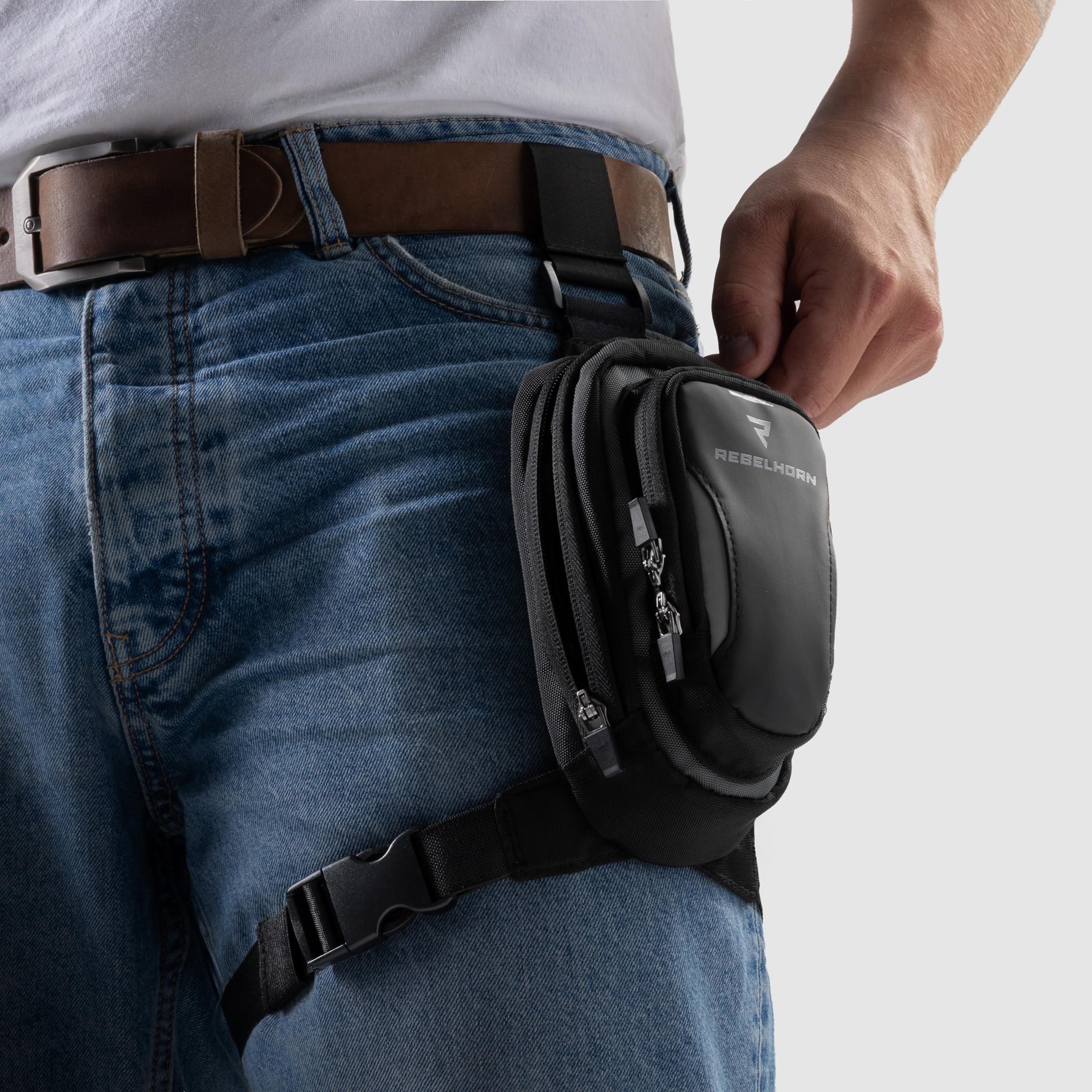 REBELHORN Hip II Motorrad Beintasche Beinbeutel Hüfttasche | Textil | Automatische Reißverschlüsse | Wasserfest | Neopren Telefonfach | Silikon Griffsystem | Reflektierende Einsätze | Größe S