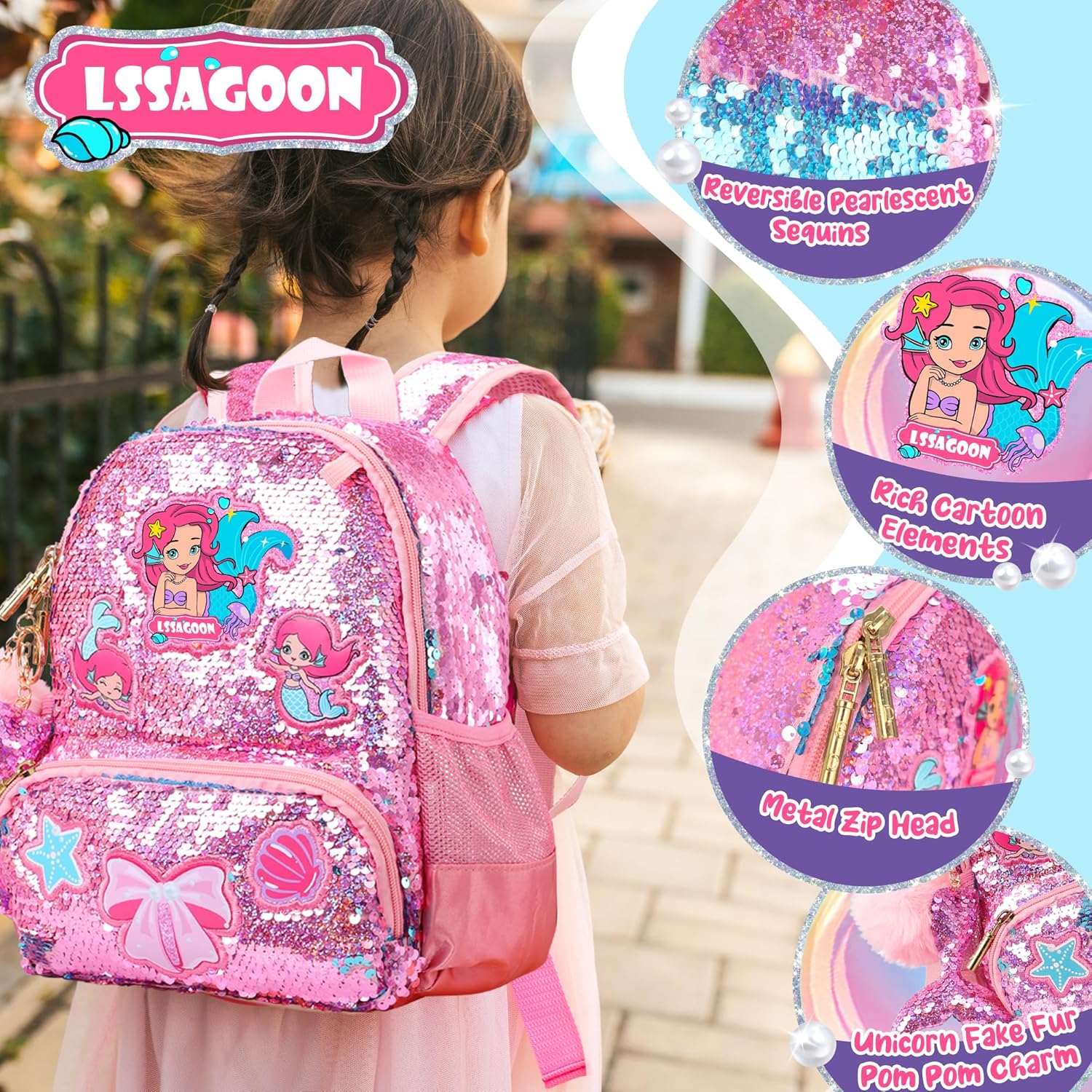 Mermaid Sparkly Sequin Backpack for little Girls Toddler,Cute Kids School Book Bag for Nursery Kindergarten Elementary,Back to School Easter Birthday Christmas Gifts for Girls - Image 2