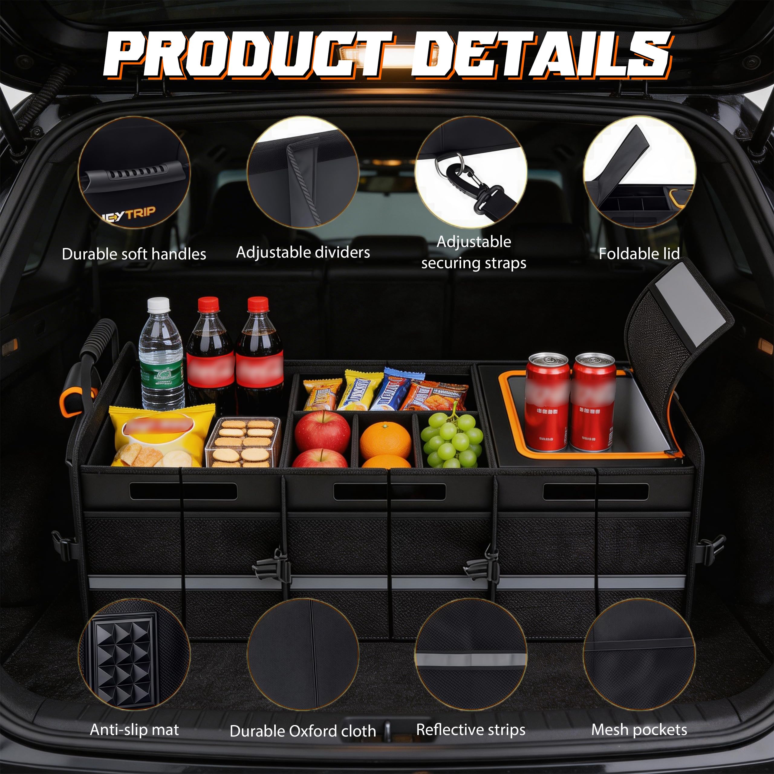 Organizador para maletero de coche con bolsa isotérmica, organizador plegable para maletero con varios compartimentos, bolsa para maletero, impermeable, antideslizante con asas, correa de