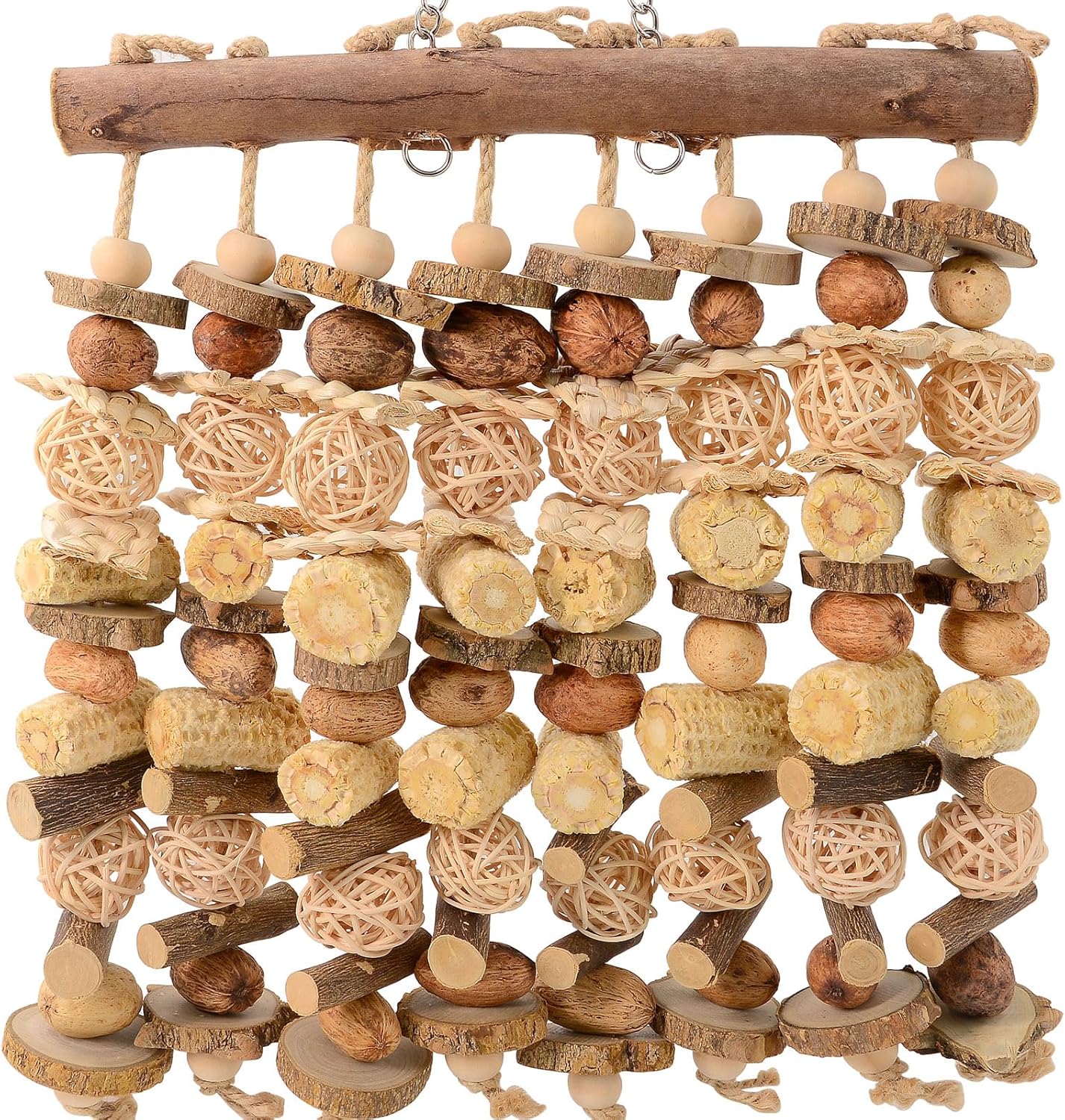 Macaw Toy, Parrot Toys for Large Birds, 14.5 Inch Extra Large Bird Chewing Toy Wall with Natural Wood, Corn Cobs and Rattan Balls, Hanging Foraging Cage Accessories for African Grey, Cockatoos