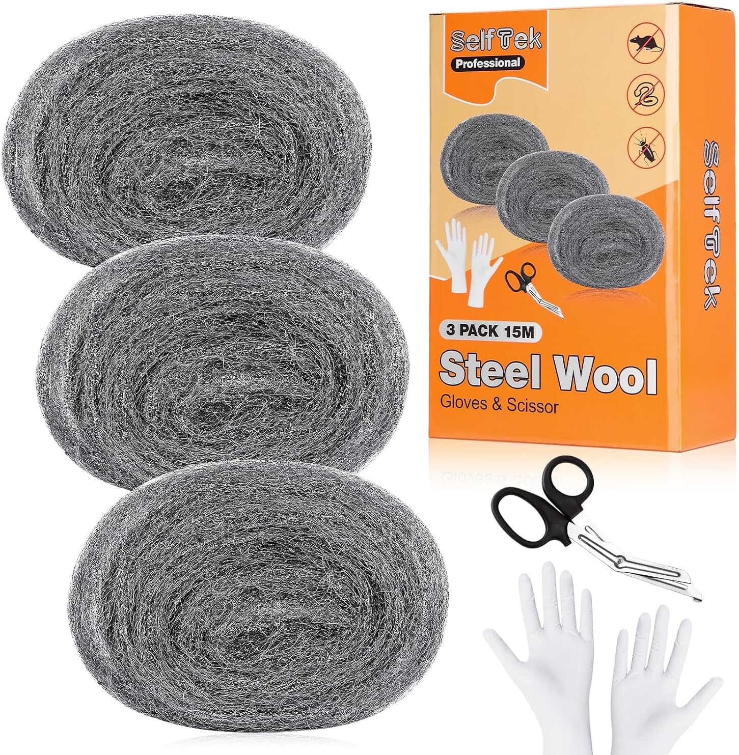 Steel Wool Mice, 3 Pack Wire Wool Mice 50ft/15 Meter Coarse Steel Wool Mice Blocker for Rodent Control, Cleaning, Polishing with Work Gloves and Scissors(5m/roll) (#2B)