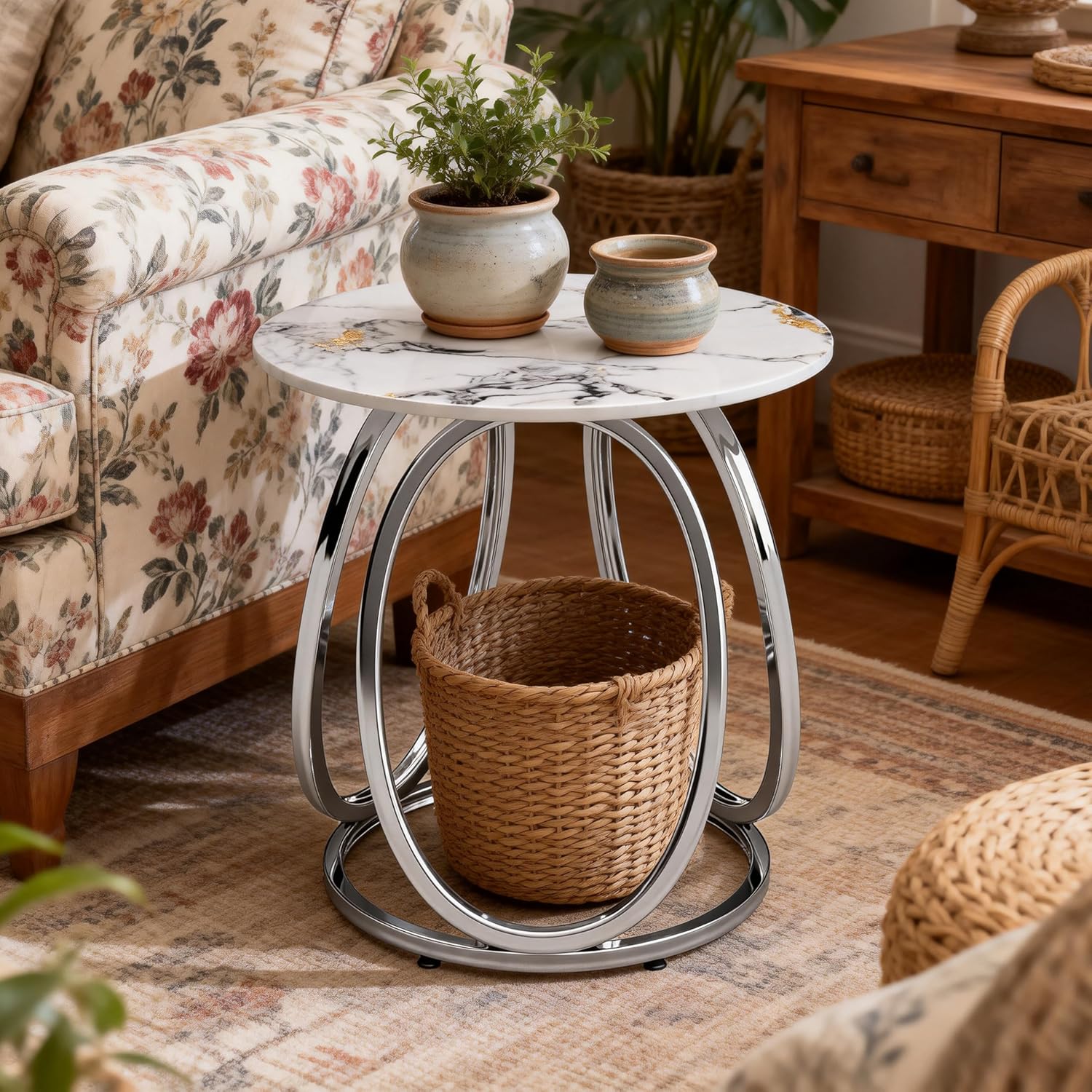 O&K FURNITURE Round End Table with Marbling Stone, Small Silver Side Table for Small Spaces, Nightstand with Shelf for Living Room, Bedroom, Office,Chrome Finish, 1 PC