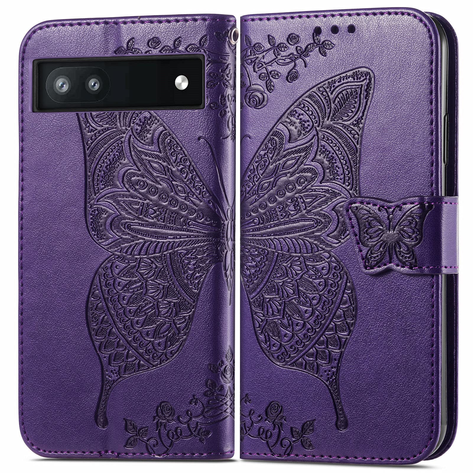 LEMAXELERS Compatible with Google Pixel 6A Case Bling Butterfly Embossed Wallet Flip PU Leather Magnetic Card Slots with Stand Cover for Google Pixel 6A Diamond Butterfly Purple SD