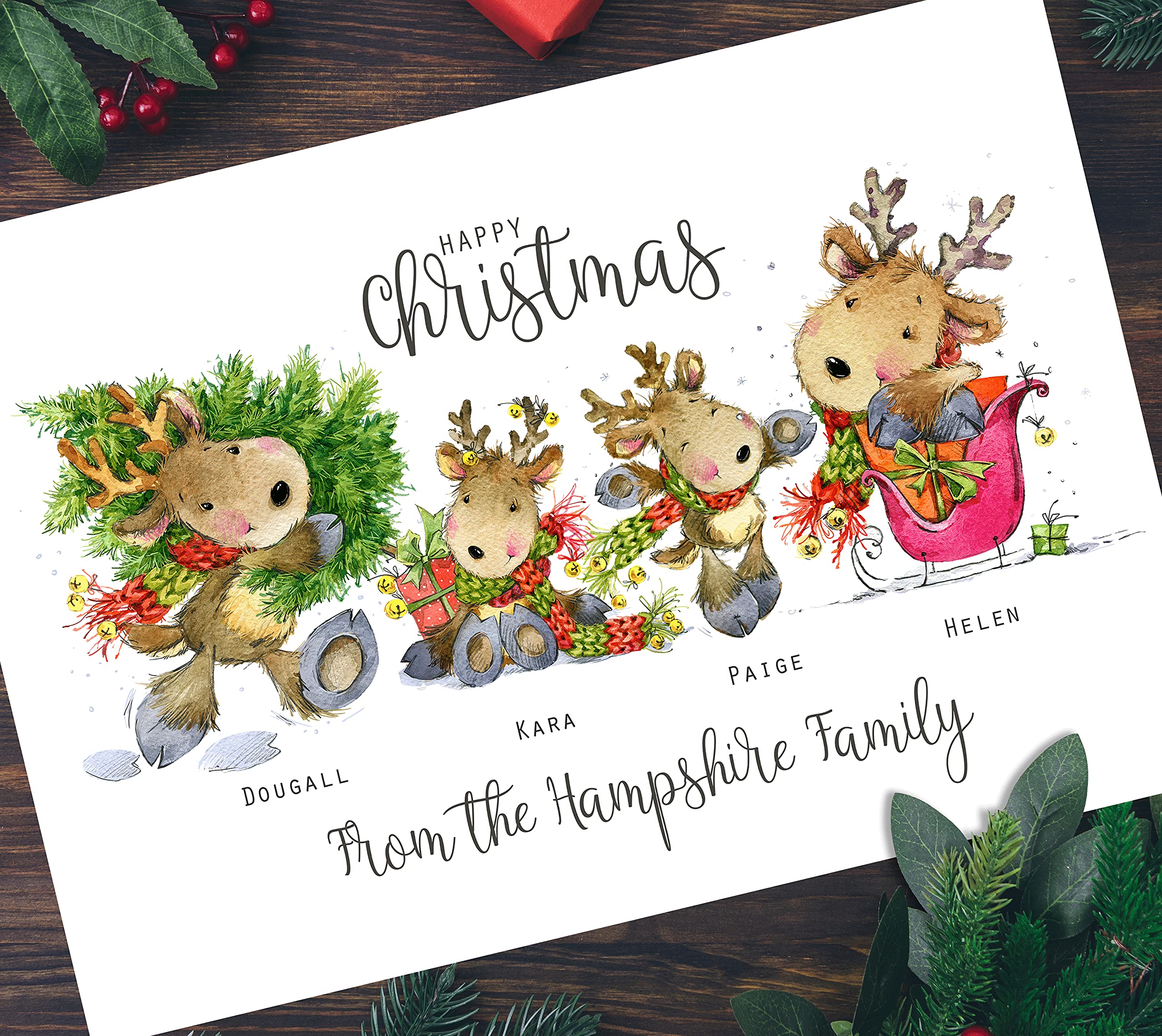 The Whistling Wren - Pack of Large A5 Personalised Reindeer Family Christmas Cards & Kraft Envelopes (Pack of 30 Cards & Envelopes)