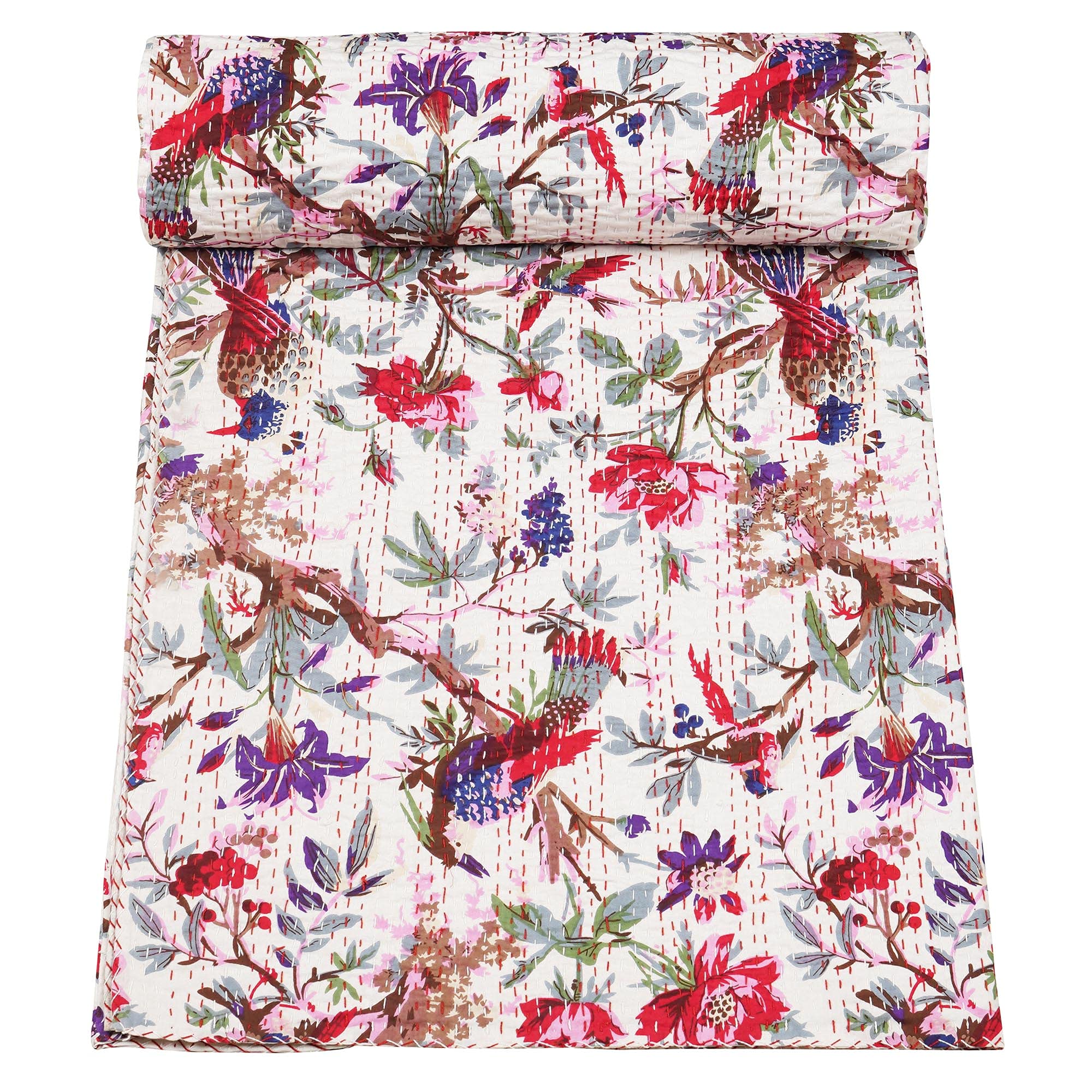 Indian Handmade Stitched Pure Cotton Bohemian Bird Print Kantha Quilt (White, Queen (90"x 108"))