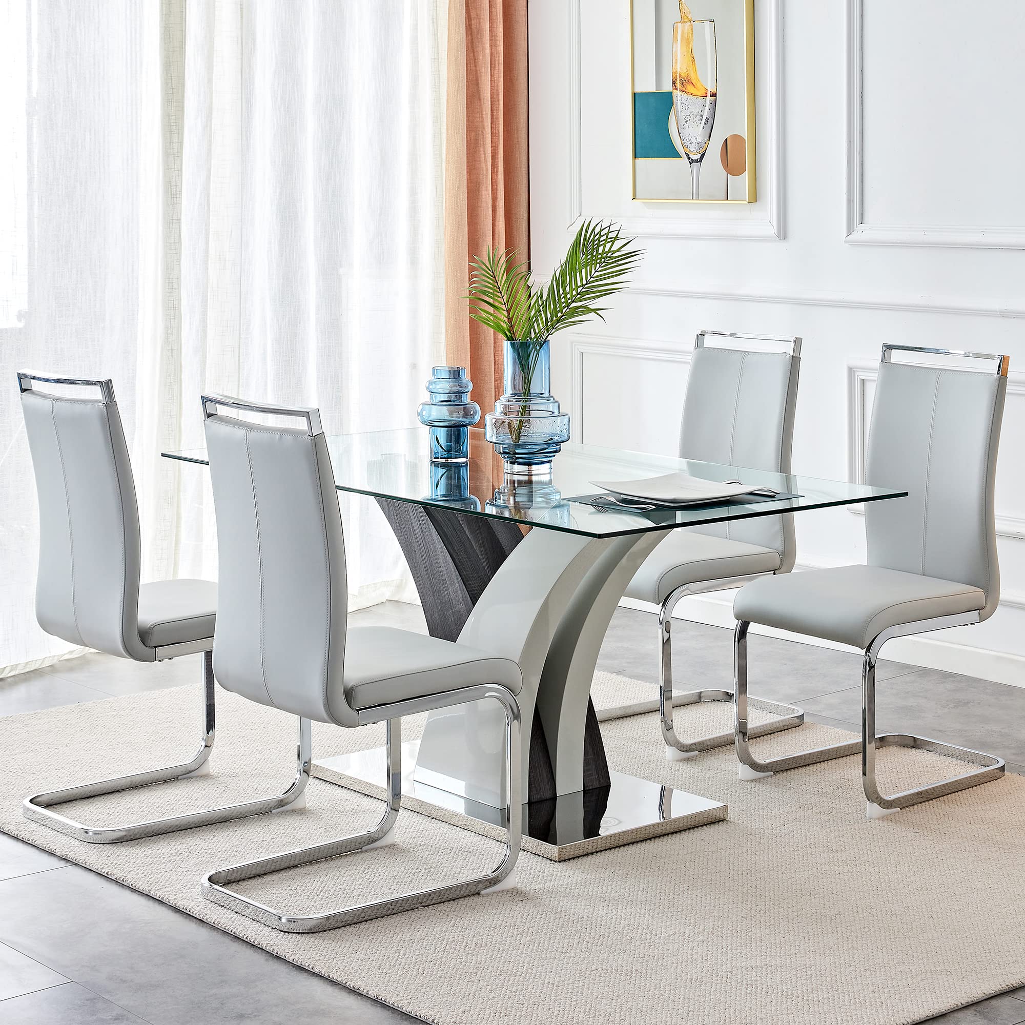 Glass Dining Table Set for 4, 5 Piece 63" Modern Kitchen Dining Table with 4 Leather Chairs, Rectangular Tempered Glass Top, MDF Base, Dining ...