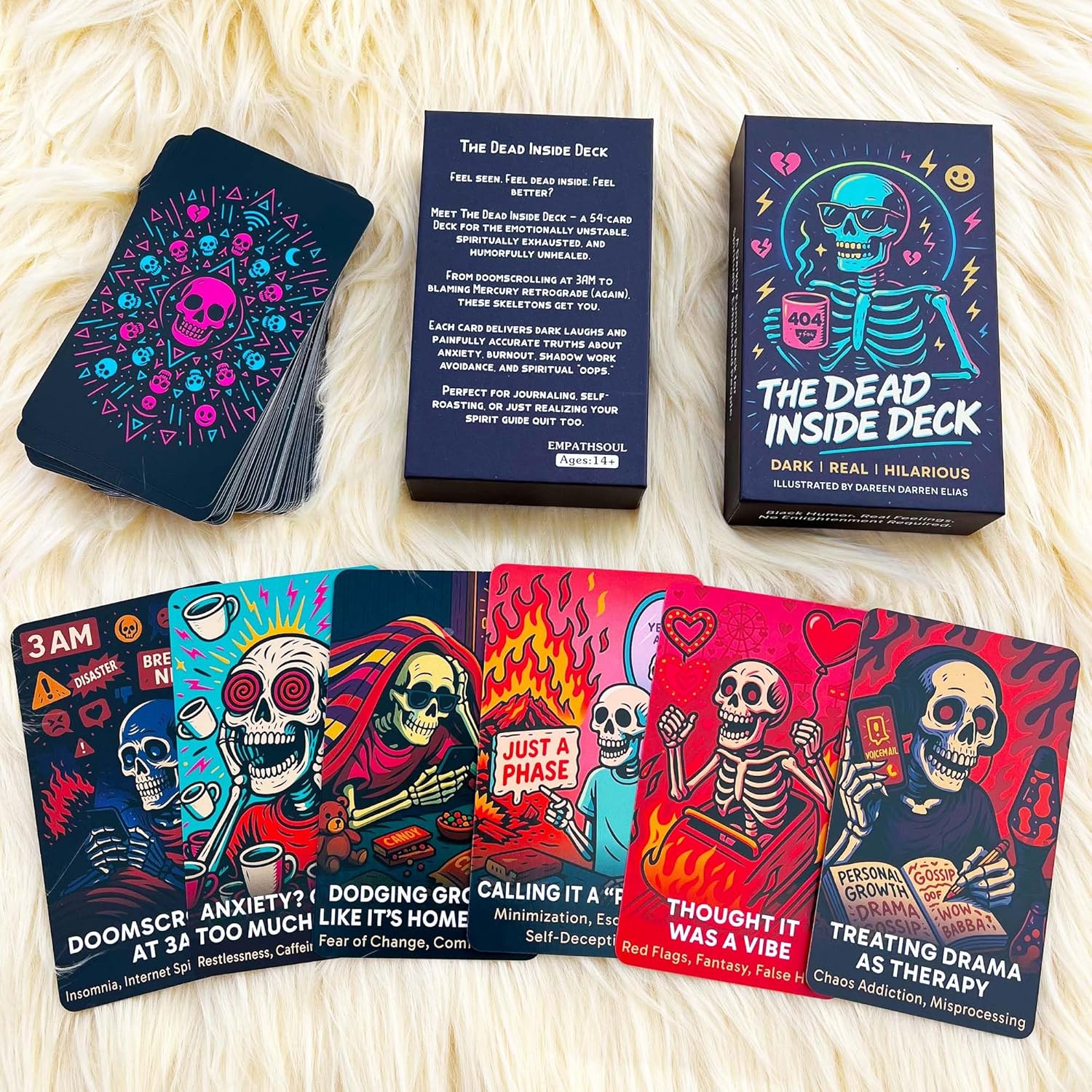DPEHAKMK The Dead Inside Oracle Deck, 54 Dark Humor Skeleton Oracle Cards for Beginners, Funny Halloween Skeleton Oracle Cards, Shadow Work Deck for Anxiety, Self-Awareness, and Modern Life Meltdowns