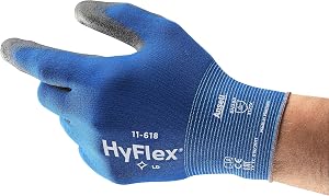 HyFlex 11-618 Ultra-Thin Industrial Safety Work Gloves for Auto, Machinery, Equipment, Fabrication - Size 9, Blue/Black (Pack of 12)