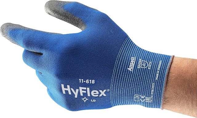 HyFlex 11-618 Gants de travail de sécurité industrielle ultra-mince pour l'automobile, la machine, l'équipement, la fabrication - Taille 9, Bleu/Noir (emballage de 12)