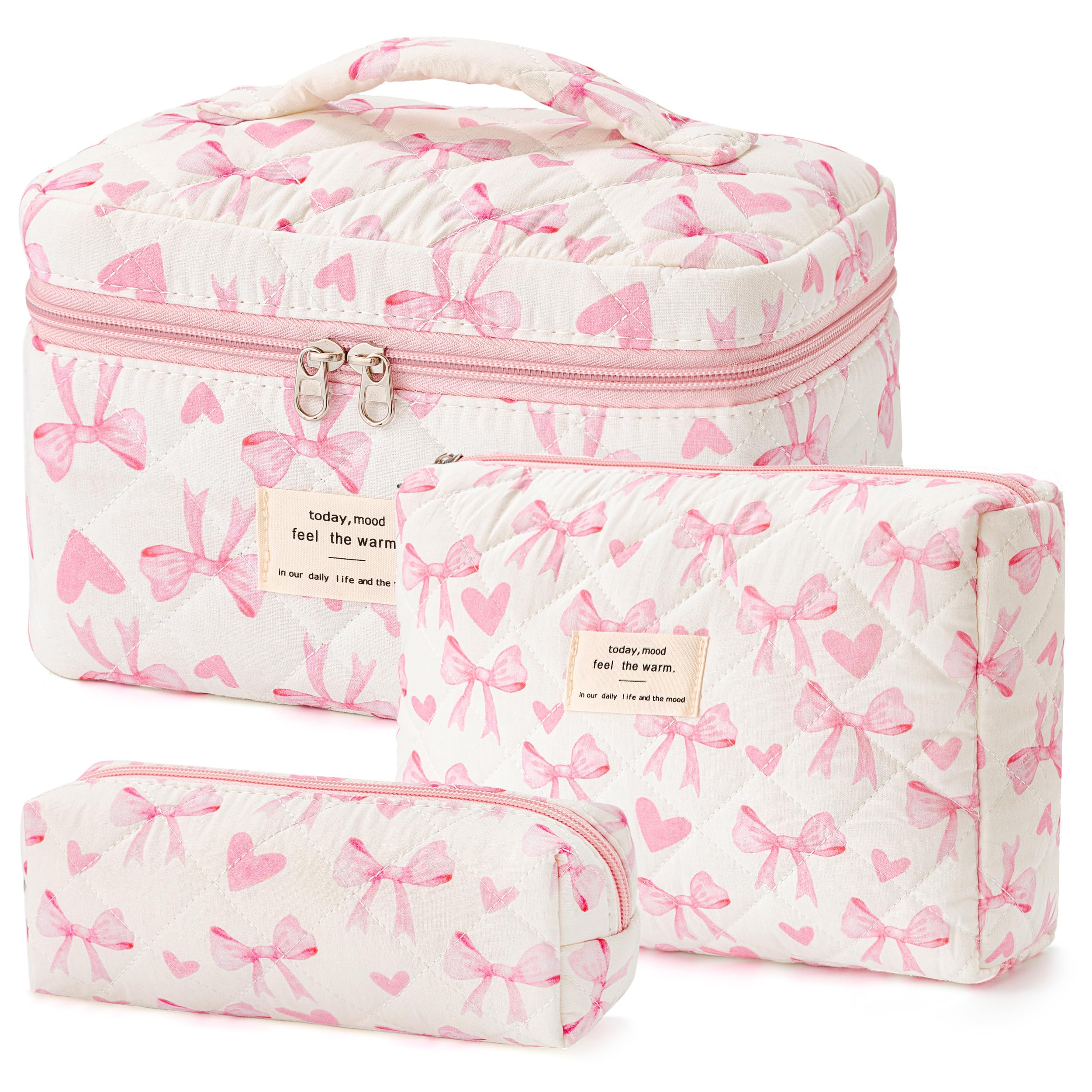 HBselect Quilted Makeup Bag, 3PCS Cotton Large Travel Makeup Bag, Cute Floral Coquette Make up Bag Cosmetic Bag Toiletry Bag for Women Girls