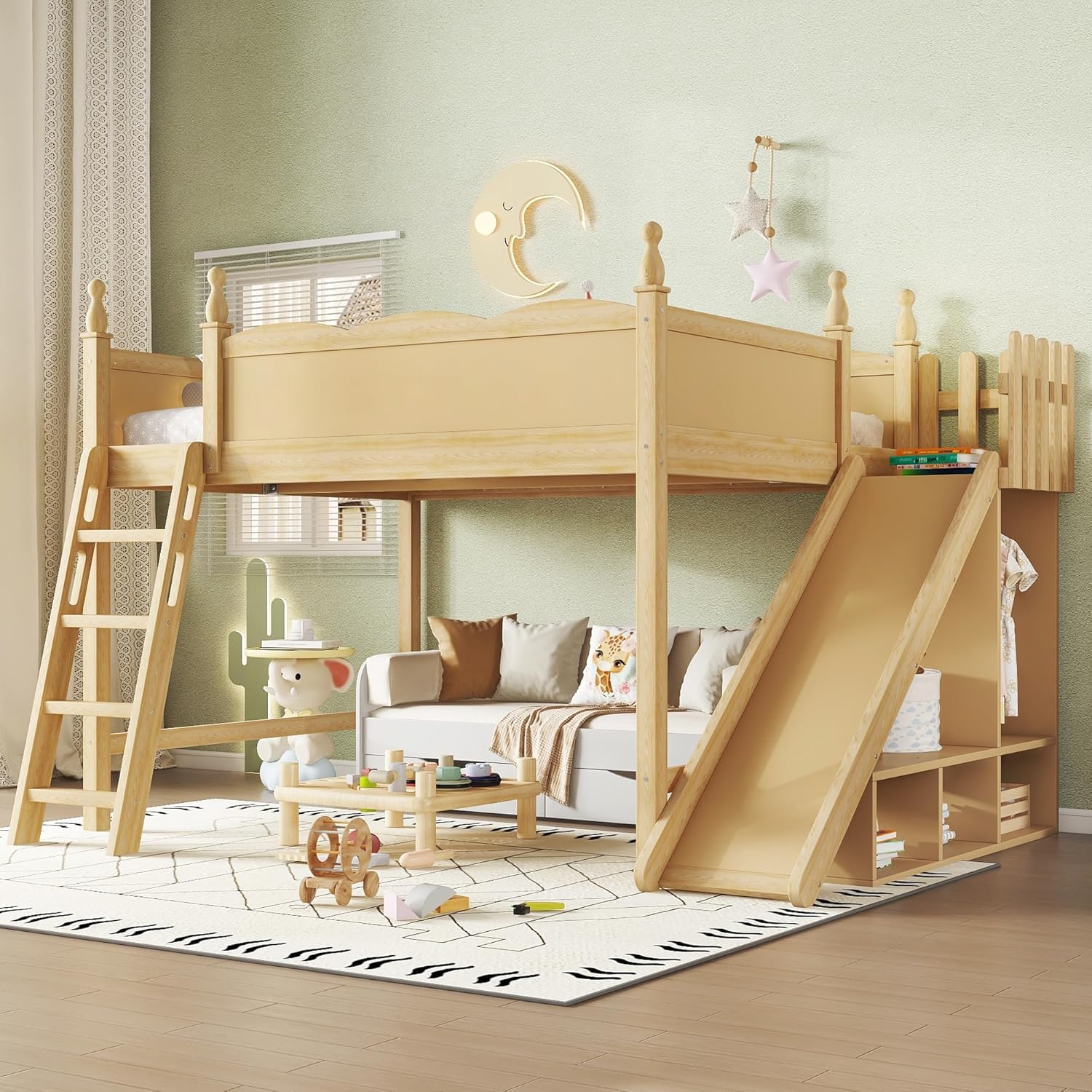 Bellemave Queen Size Loft Bed with Slide, Storage Shelves and Wardrobe, Queen Loft Bed with Ladder and Rails, Wood Loft Beds with Detachable Slide and Ladders, Used for Apartment, Dorm, Natural