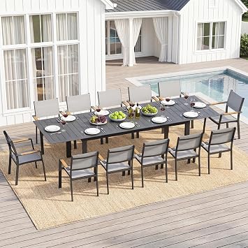 FansaFurn Patio Furniture Set with 121" Extendable Dining Table, Patio Table Set for 412 People, All-Weather Aluminum Outdoor Furniture, Outdoor Dining Set for Backyard, Porch, and Garde, Grey