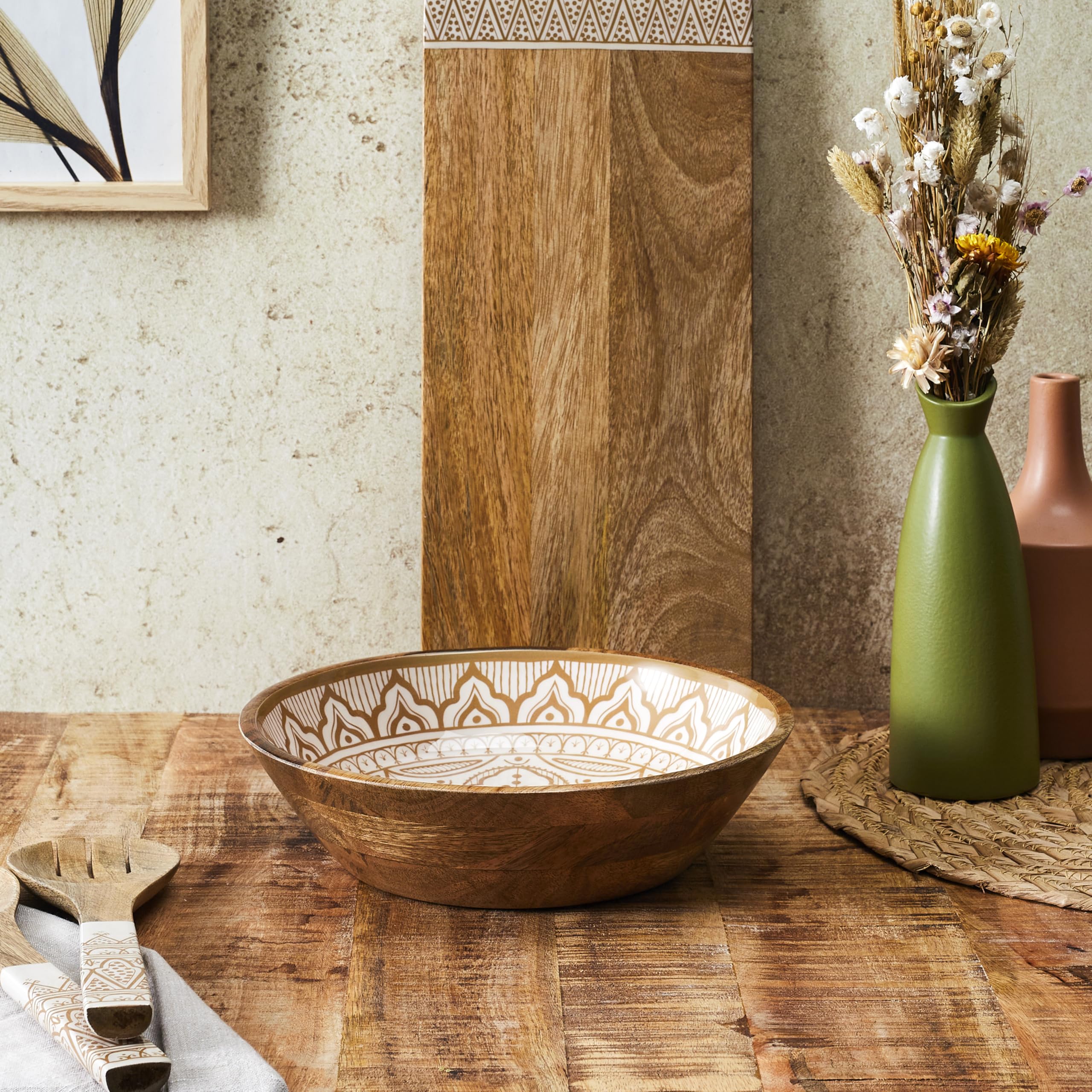 HOME DECO FACTORY, KA0567, Insalatiera in Terracotta, Legno di Mango Dune, Design Elegante e Moderno, Ideale per Insalate e Piatti, Facile da Pulire, Diametro 28 cm, Bianco e Arancione