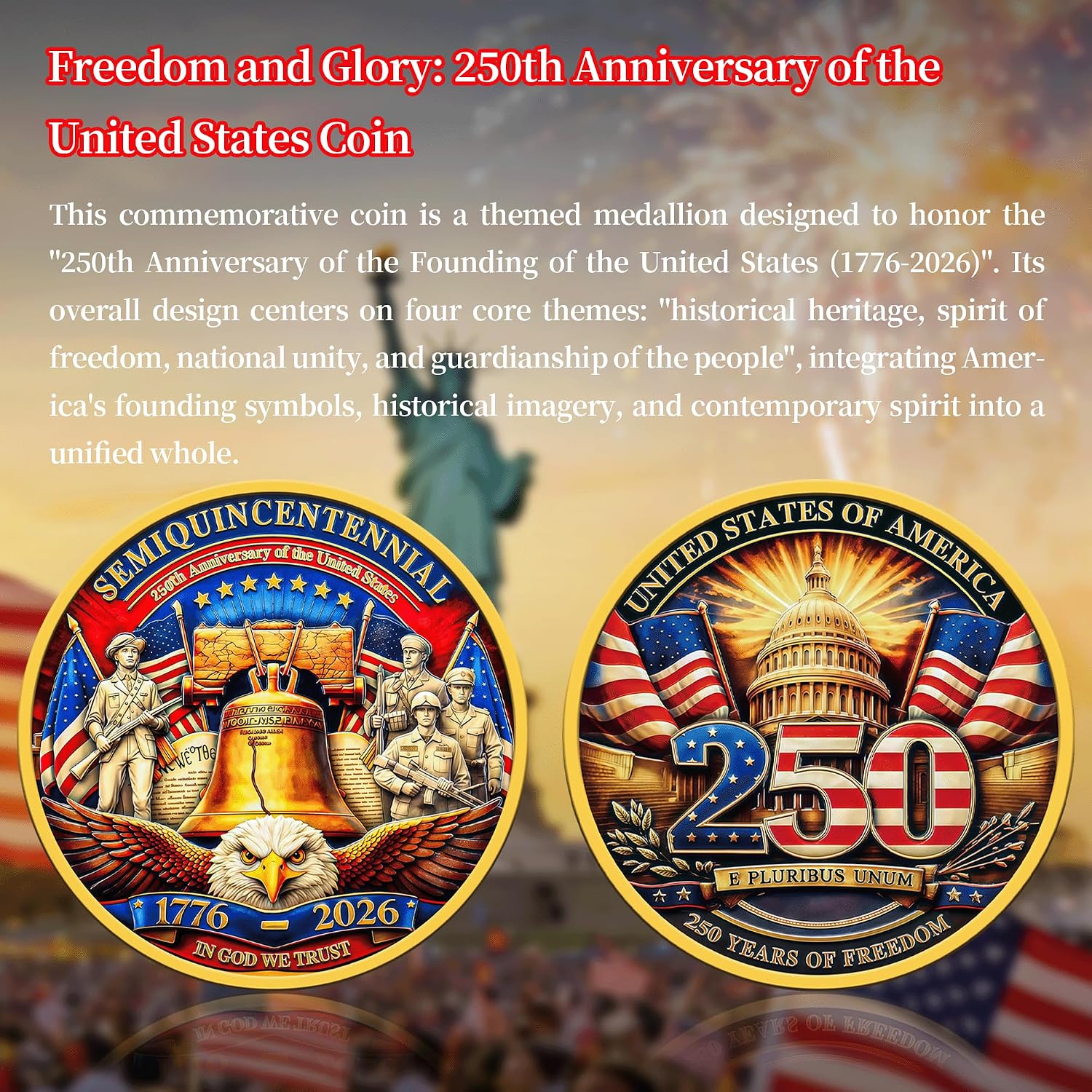 10Pcs USA 250th Anniversary Challenge Coin – High Relief Bald Eagle & Liberty Bell Patriotic Symbols Collectible, America 250 Merchandise for Independence Day Celebration & Gifting (Style-1)
