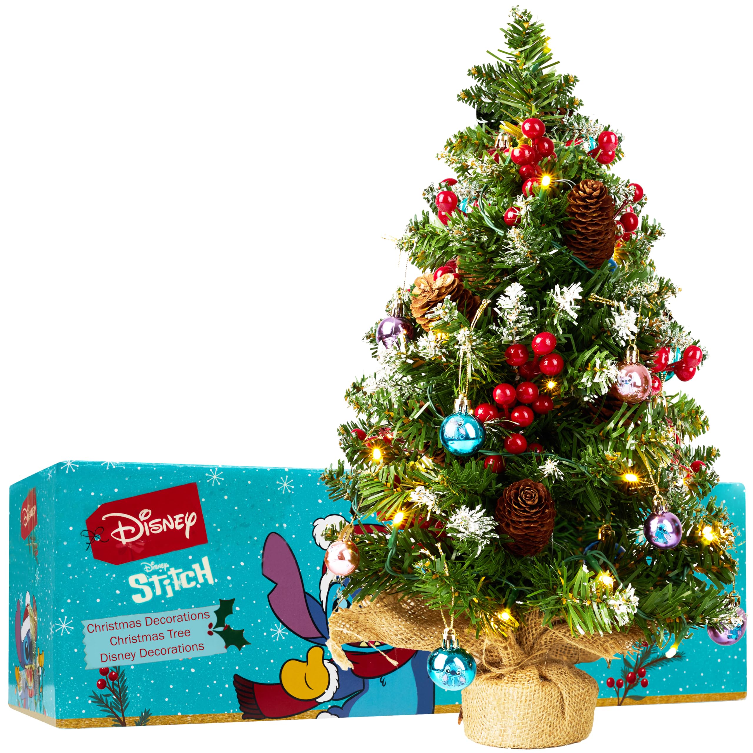Get Trend Multi Stitch Disney Stitch Christmas Tree With 12 Baubles, 1.67Ft Pre-Lit Mini Artificial Tree With Led White String Lights Frosted Tips, Tabletop Xmax Gifts (Multi Stitch)