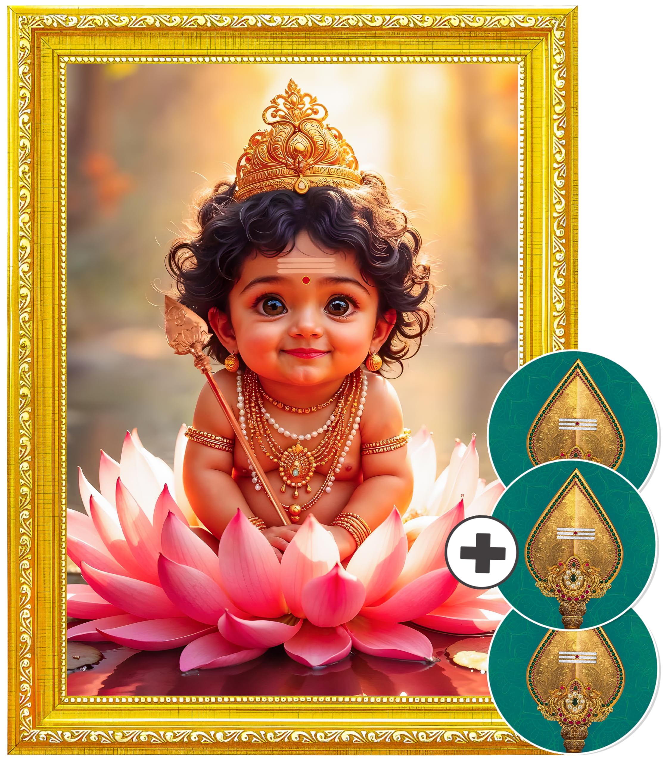 Baby Murugan Photo Frame | 3Pcs Lord Murugan Sticker Wall | Cute Baby Murugan Poster | 3D Murugan Photo Frame Big Size | Infant Murugan Photo Frame Posters for Pregnant Women (Golden)