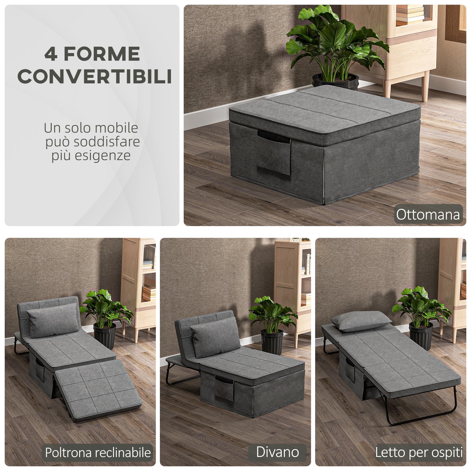 HOMCOM Pouf Letto Pieghevole Multiuso 4 in 1, Brandina Chaise Longue Salvaspazio con Schienale Reclinabile a 5 Livelli, Grigio