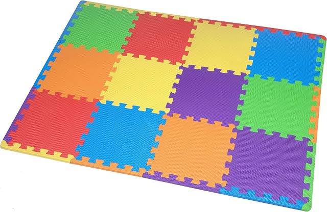 Edukit EVA Foam Play Mat; 12 Pieces and 14 Edges; 30.5 x 30.5cm; Multi-Coloured and Interlocking Floor Tiles - For a Bright and Safe Baby and Kids Play Area