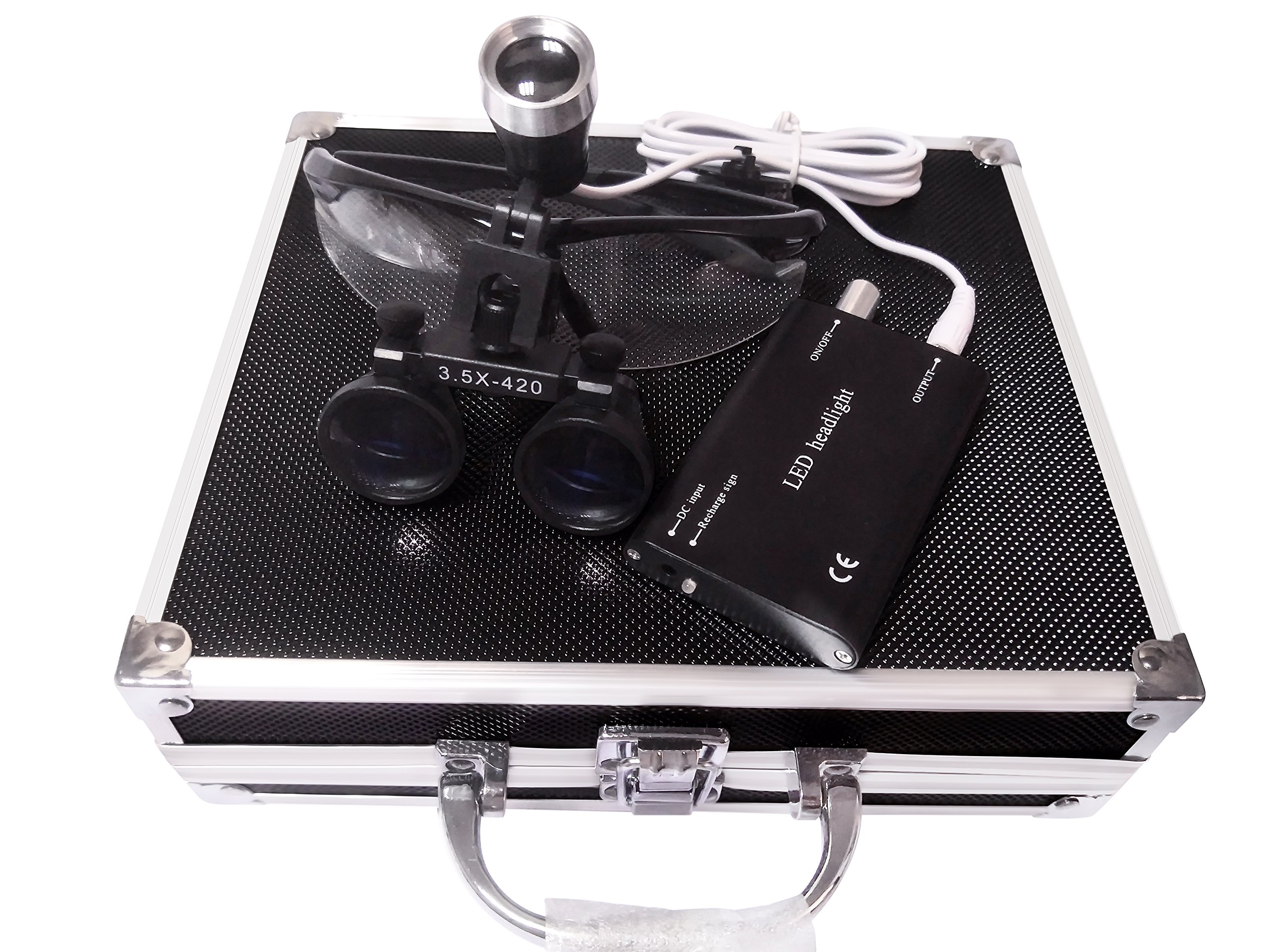 Loupes binoculaires chirurgicales en verre optique 3,5 x 420 mm + lampe frontale LED + boîte en aluminium (noir)