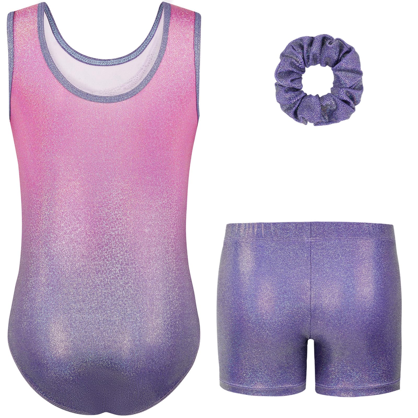 Gogokids Conjunto de gimnasia de tres piezas para niña, cuello en Y, sin mangas, con pantalones cortos y diadema, traje de gimnasia con diseño de bloques de color azul y morado, 3-12 años — view 7