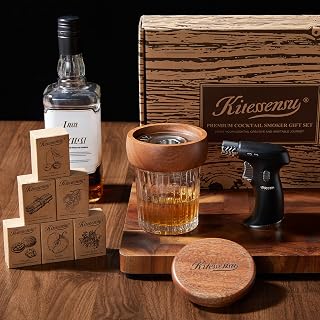 KITESSENSU Whiskey Smoker Kit with Torch – 6 Flavors Wood Chips – Old Fashioned Bourbon Cocktail Smoker Kit, Anniversary & Birthday Gifts for Men(NO Butane)