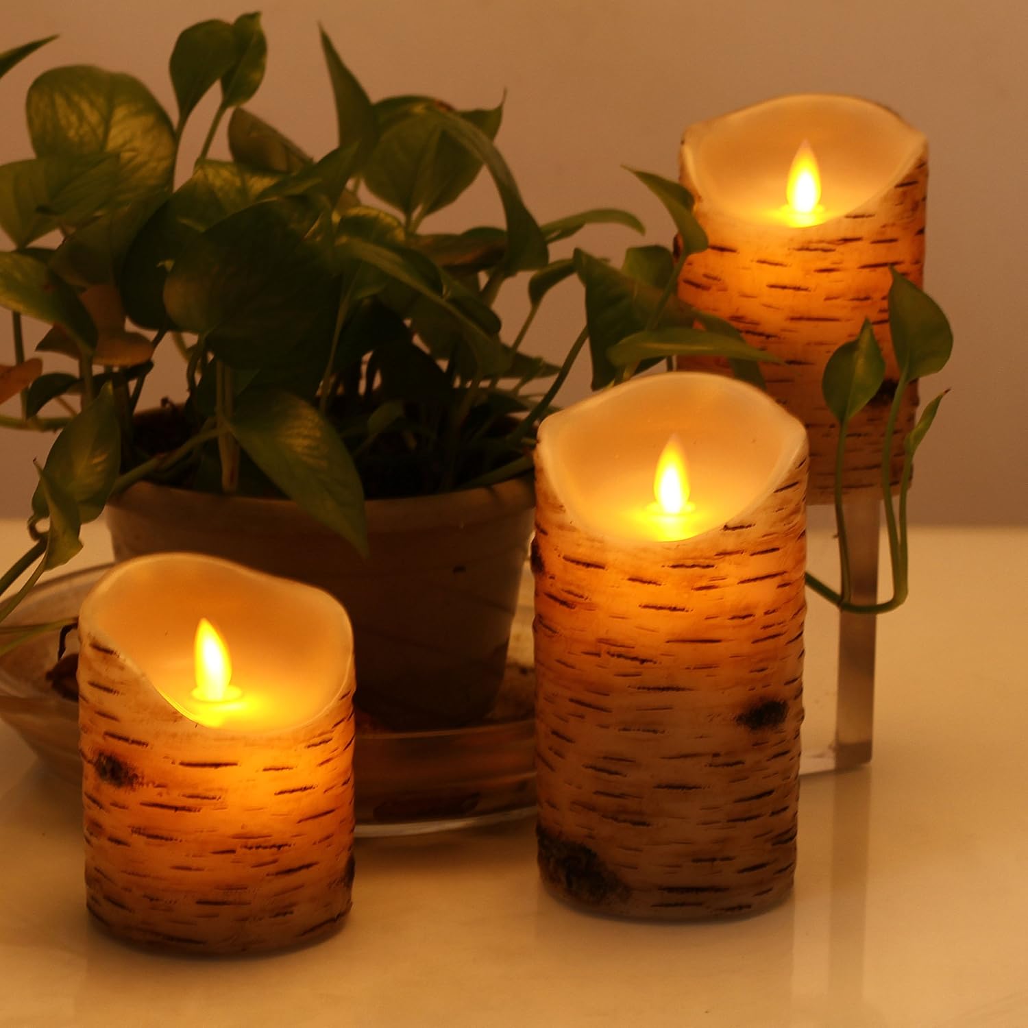 Comenzar Flickering Candles, Candles Birch Set of 3 (H: 4" 5" 6" x D: 3.25")Birch Bark Battery Candles Real Wax Pillar with Remote Timer : Tools & Home Improvement