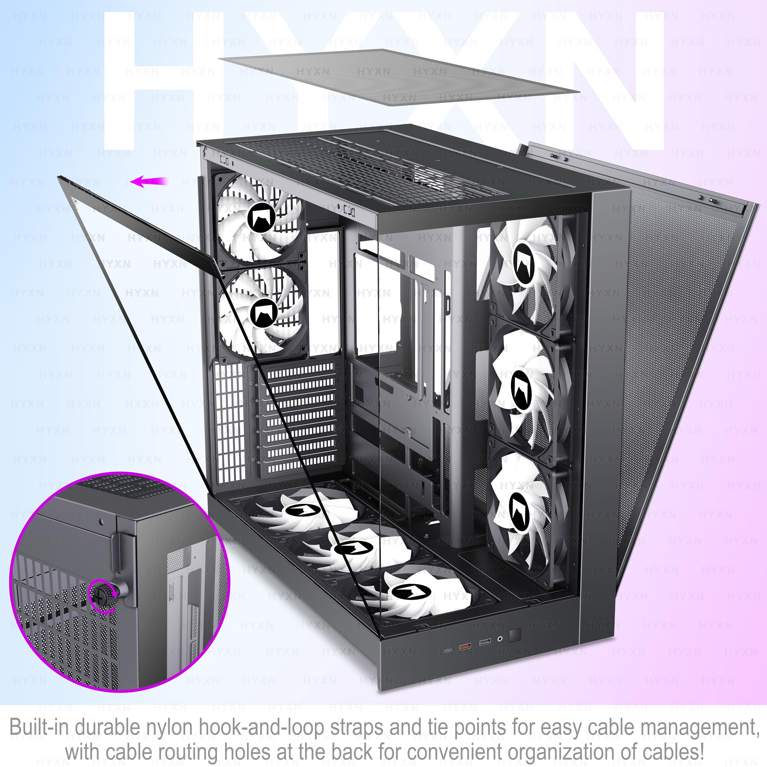 H2(2026) HYXN PC Gehäuse ATX mit 8 Lüfter(6X140 und 2X120) Groß Dual Kammer Mid-Tower Computer Gehäuse Airflow Gaming PC-Gehäuse,Unterstützt 420mm-Wasserkühler,Gaming Gehäuse (Schwarz, H2)