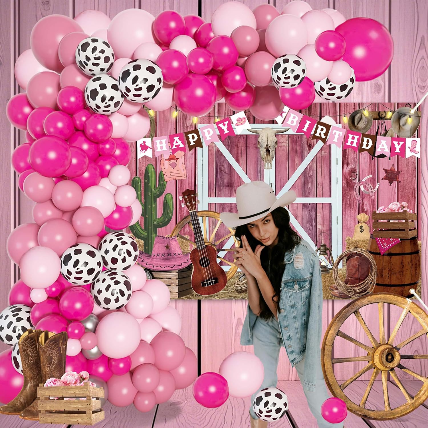 Cowgirl Birthday Party Decorations For Girls,Pink Balloons Arch Kit,Happy Birthday Banner,Backdrop,Centerpieces for Women Girls Party Decor - Image 3