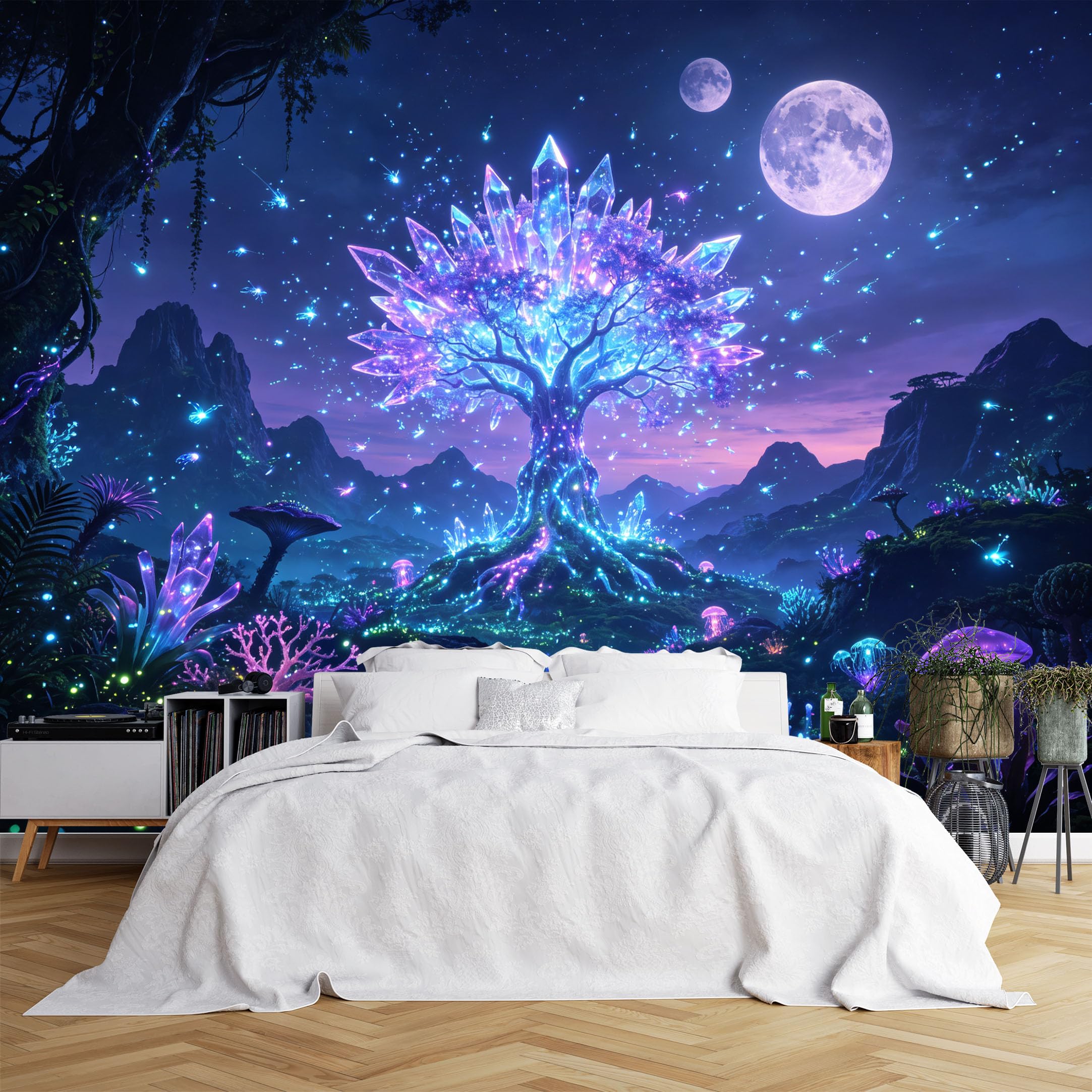 Lcythiazole Ch260615237 Custom Size Wall Murals Magical Glowing Crystal Tree Moon Fantasy Landscape Large Photo Wallpaper Self-Adhesive Wall Fabric (No Pvc) Removable Wallpaper