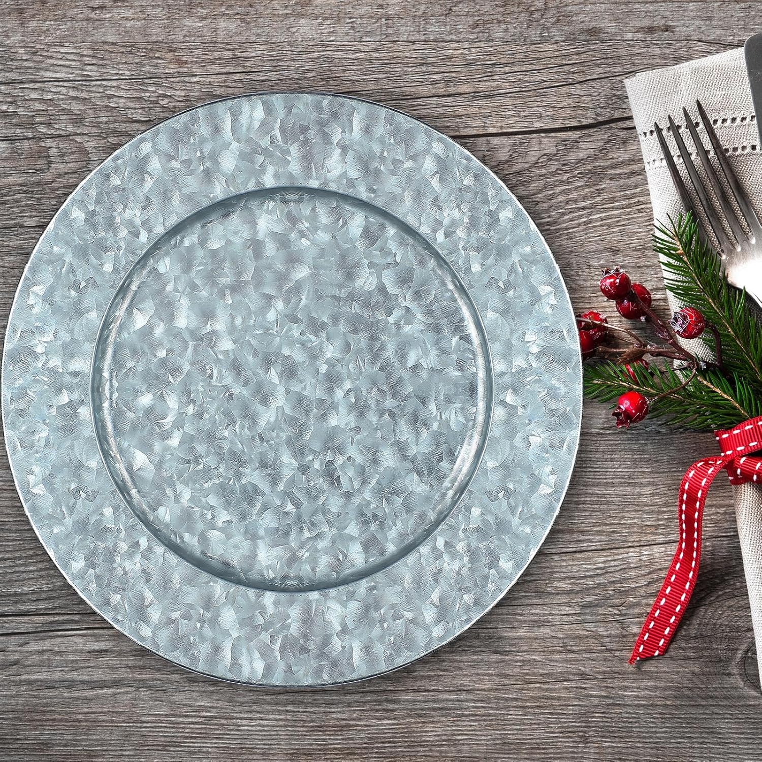 Maxdot 16 Pcs 13 Inches Round Charger Plates Silver Metal Chargers for Dinner Plates Rustic Style Galvanized Charger Plate Farmhouse Modern for Wedding Party Home Table Decoration Kitchen