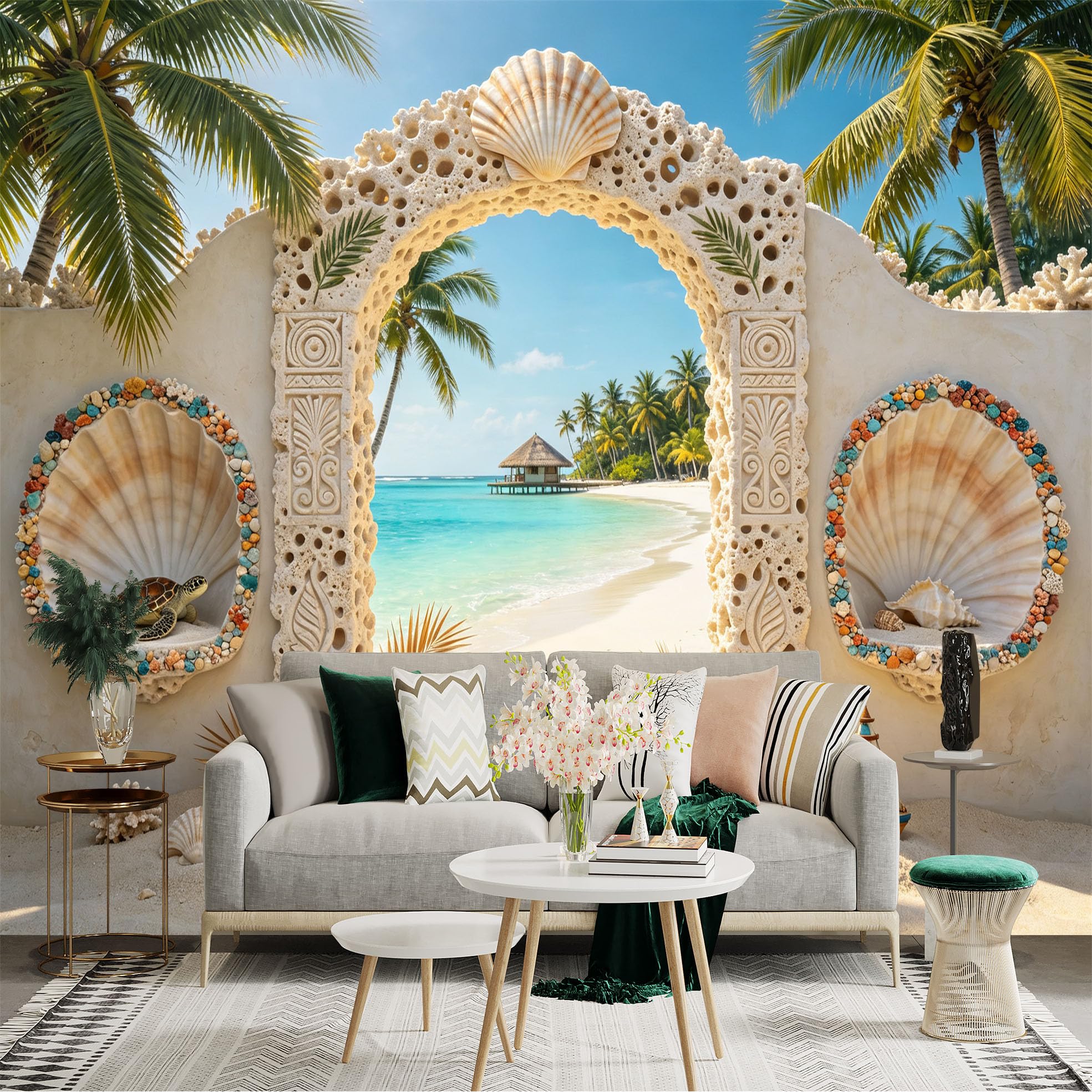 Custom Size Wall Sticker Mural， Tropical Beach Archway with Seashells， Palm Trees and Ocean View， for wall Decoration， peelandstick wall Decals.