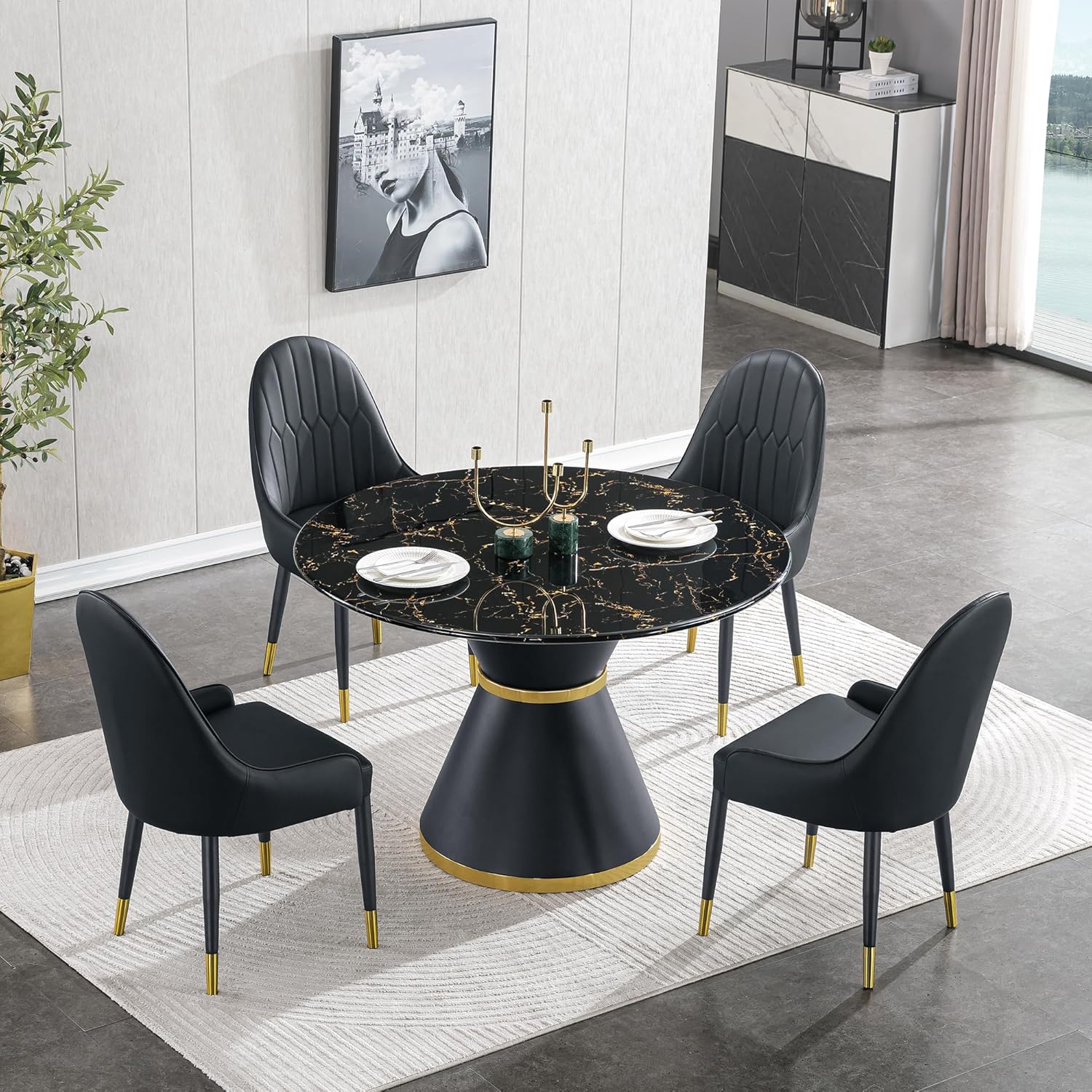 Amazon.com - Mcltopz 46.85" Black Round Marble Dining Table for 4, Round Marble Dining Room ...