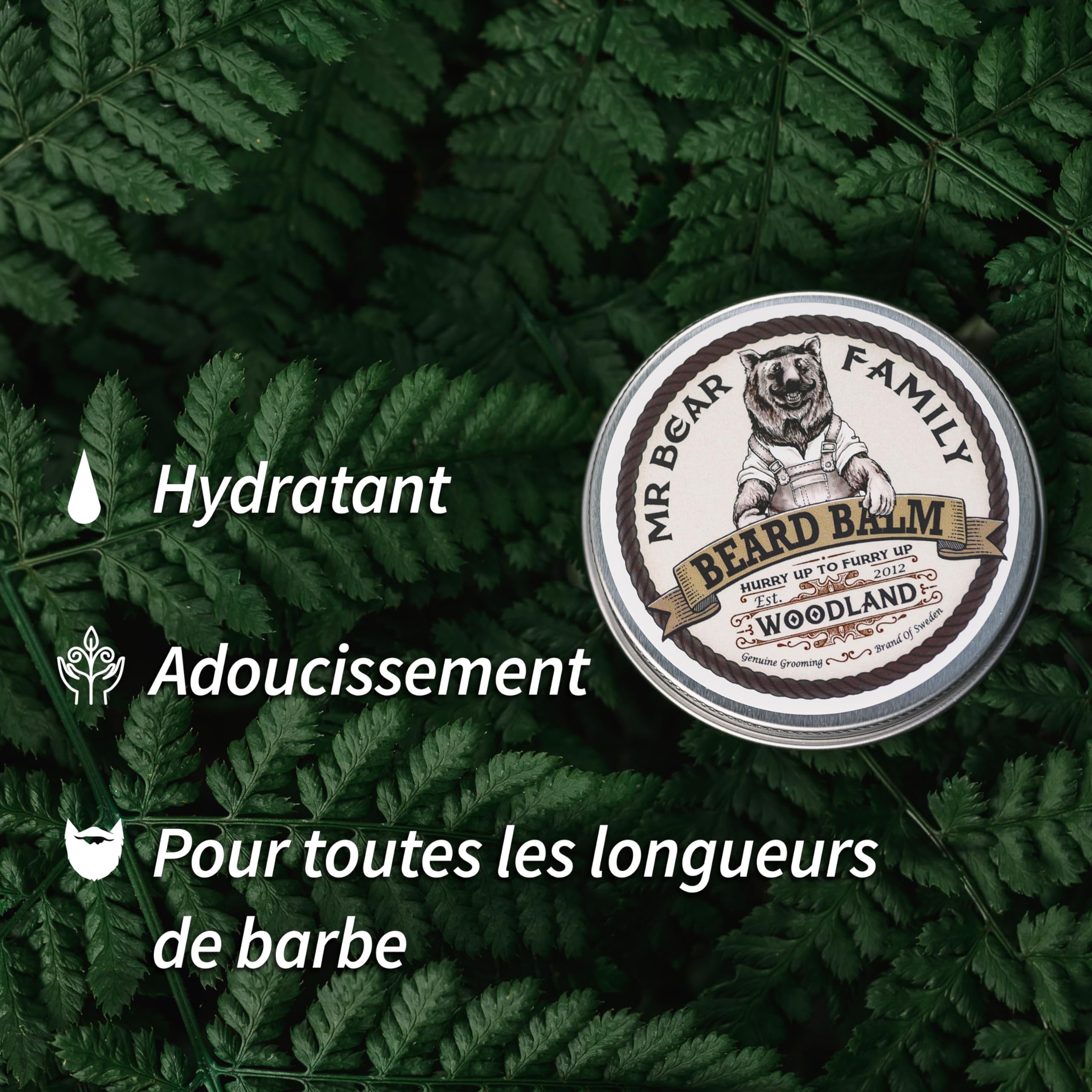 Mr Bear Family Cire Barbe Hommes - Boisé - Baume Barbe - Produit barbe homme au Beurre de Karité, Huile de Jojoba et Cire d'Abeille - Moustache & Barbe Styling complet - Entretien barbe homme 60ml