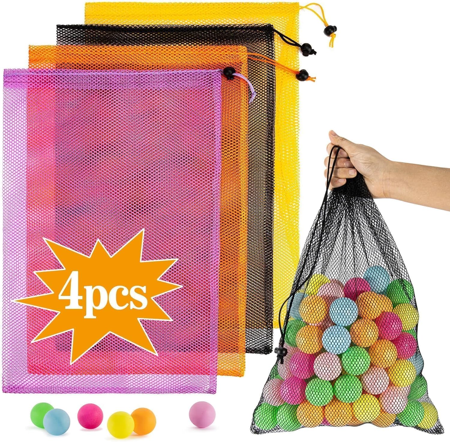 4PCS Colorful Mesh Bag – Mesh Bag Drawstring Suitable for Beach Toy Ball Camping Clothing,for storage, Drawstring Storage, Sturdy and Durable