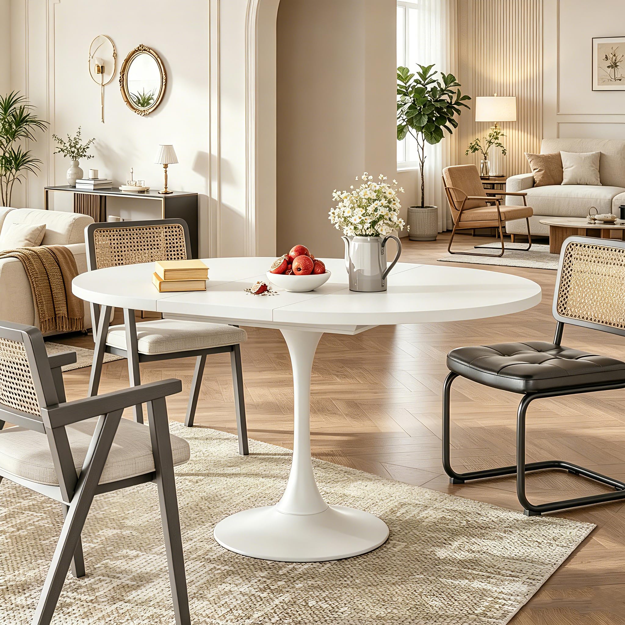 Tavolo da pranzo a tulipani allungabile, 100-130 cm, tavolo rotondo/ovale, in MDF per 2-6 persone, altezza 80 cm, moderno tavolo da pranzo per soggiorno, cucina, struttura in acciaio al