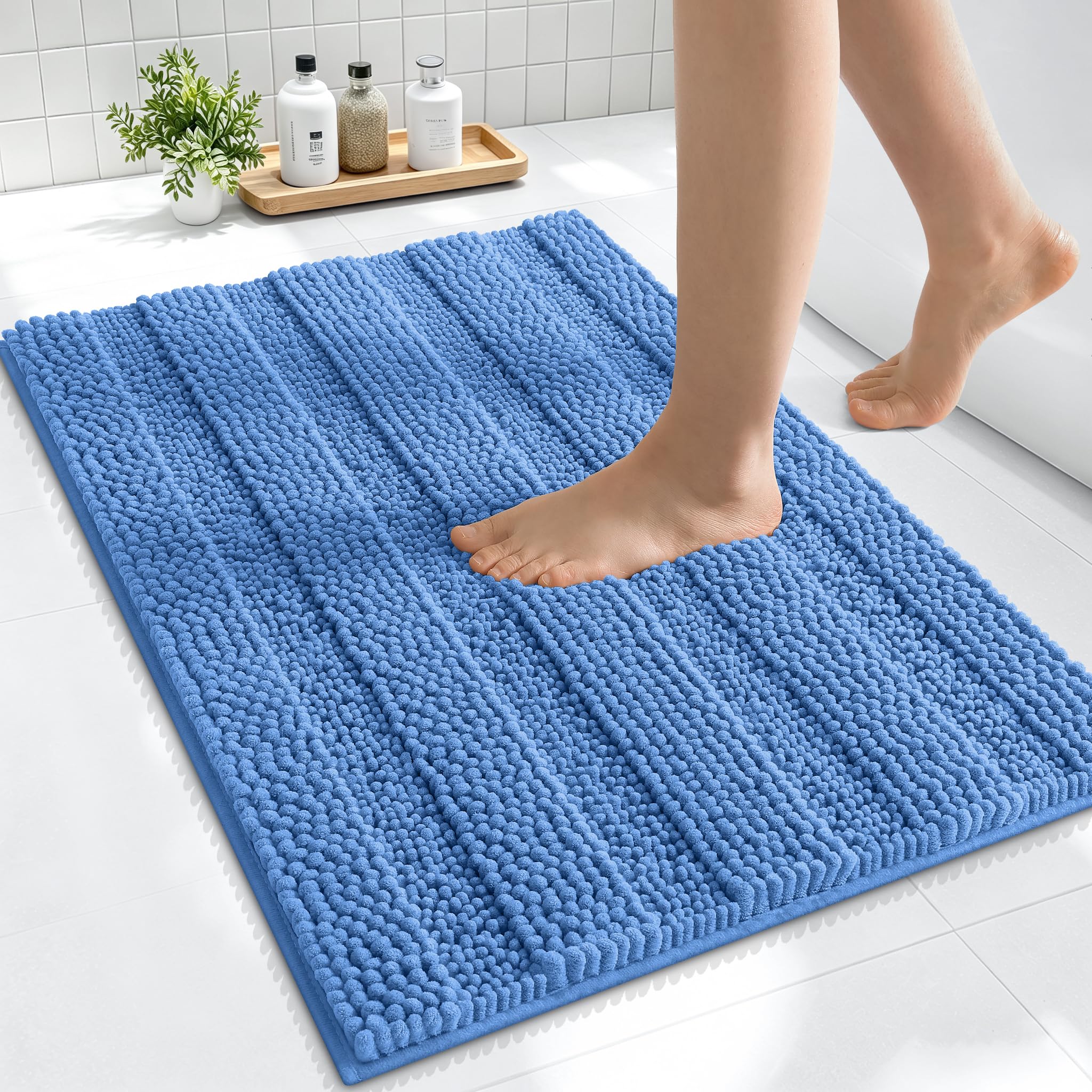 Smiry Thick Small Chenille Bathroom Rugs 24x16, Bath Mat, Cornflower Blue