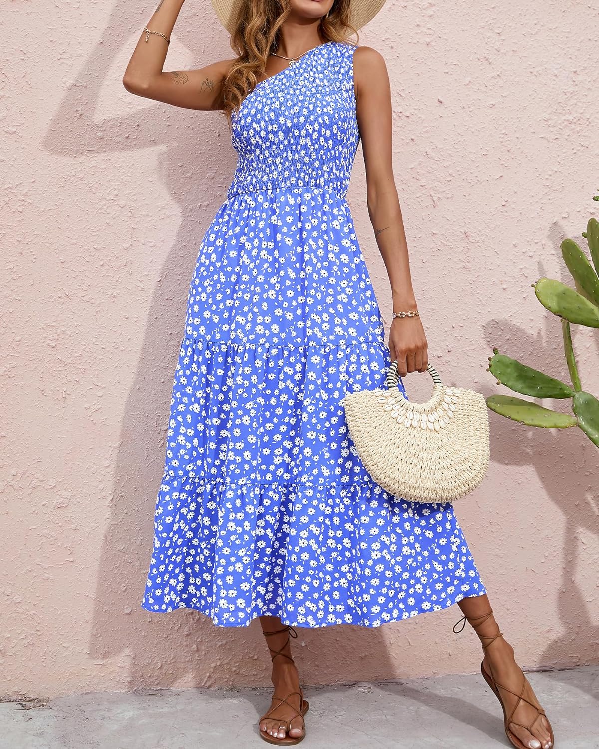 BTFBM 2026 Summer One Shoulder Dresses for Women Casual Spring Sleeveless Floral Flowy Smocked Boho Beach Maxi Dress - Image 8