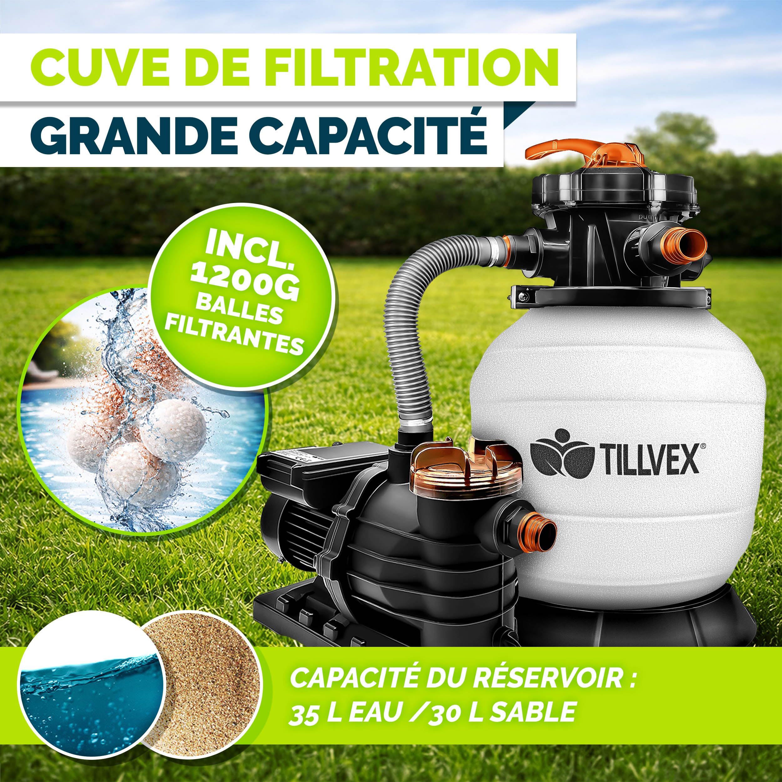tillvex® Système de Filtre à Sable 13 200L/h jusqu'à 40 000L + 1200g Boules Filtre | 7 Fonctions de Filtration & Adaptateur 2en1 Ø32-38mm | Filtre piscine avec indicateur de pression (Blanc/Orange)