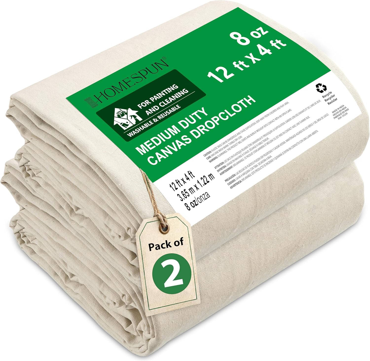Homespun Canvas Drop Cloth for Painting, 2 Pack- 100% Recycled Cotton Canvas Tarps, Large Drop Cloth for Floor & Furniture Protection, Painters Tarp, Paint Drop Cloth, Canvas Tablecloth - (12x4 Ft)